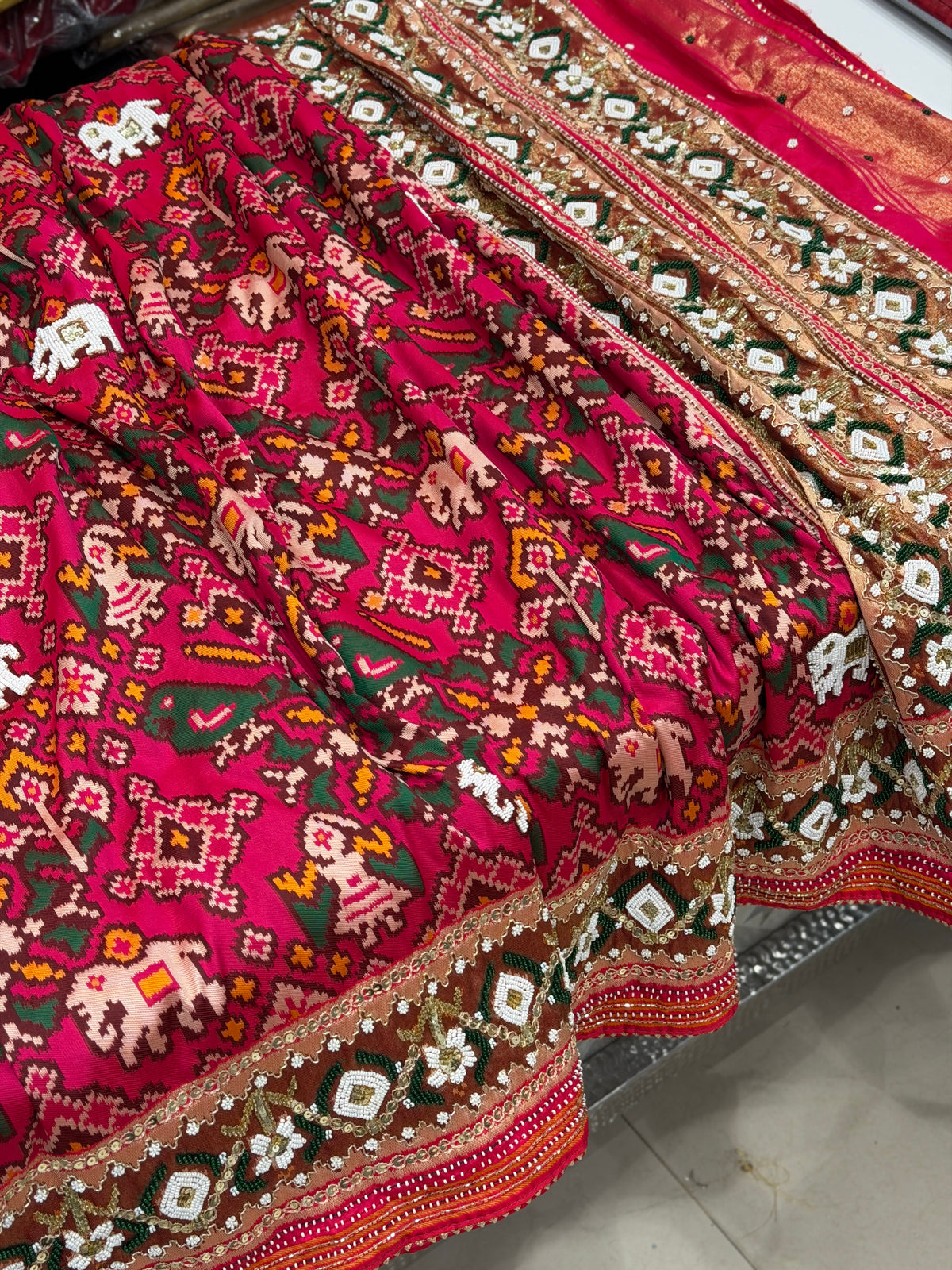 Rani Pink Semi Silk Patola Kidiya Moti Hand Embroidery Saree