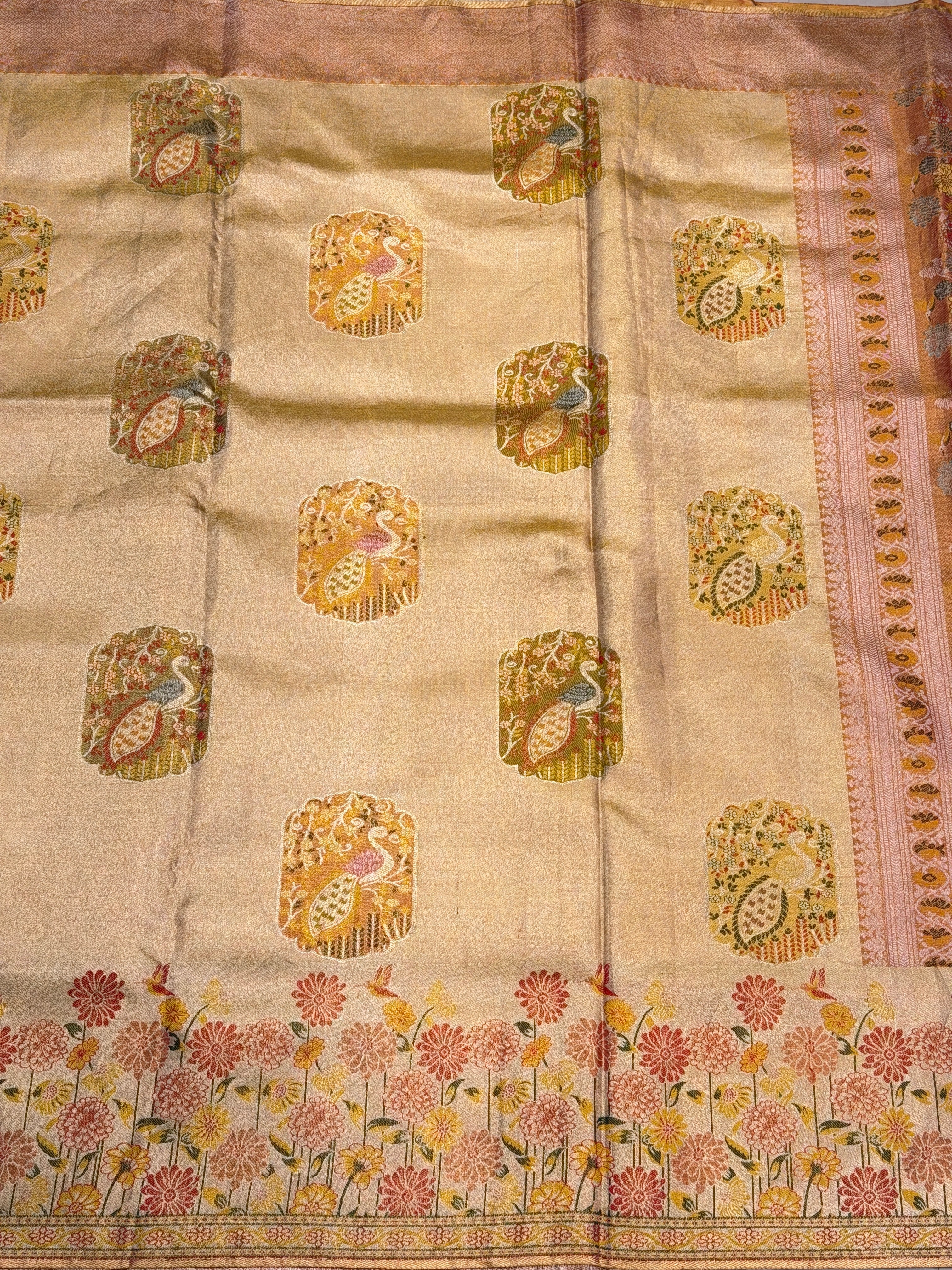 Rust Meenakari Peacock Motif Handloom Kanjivaram Tissue Silk Saree
