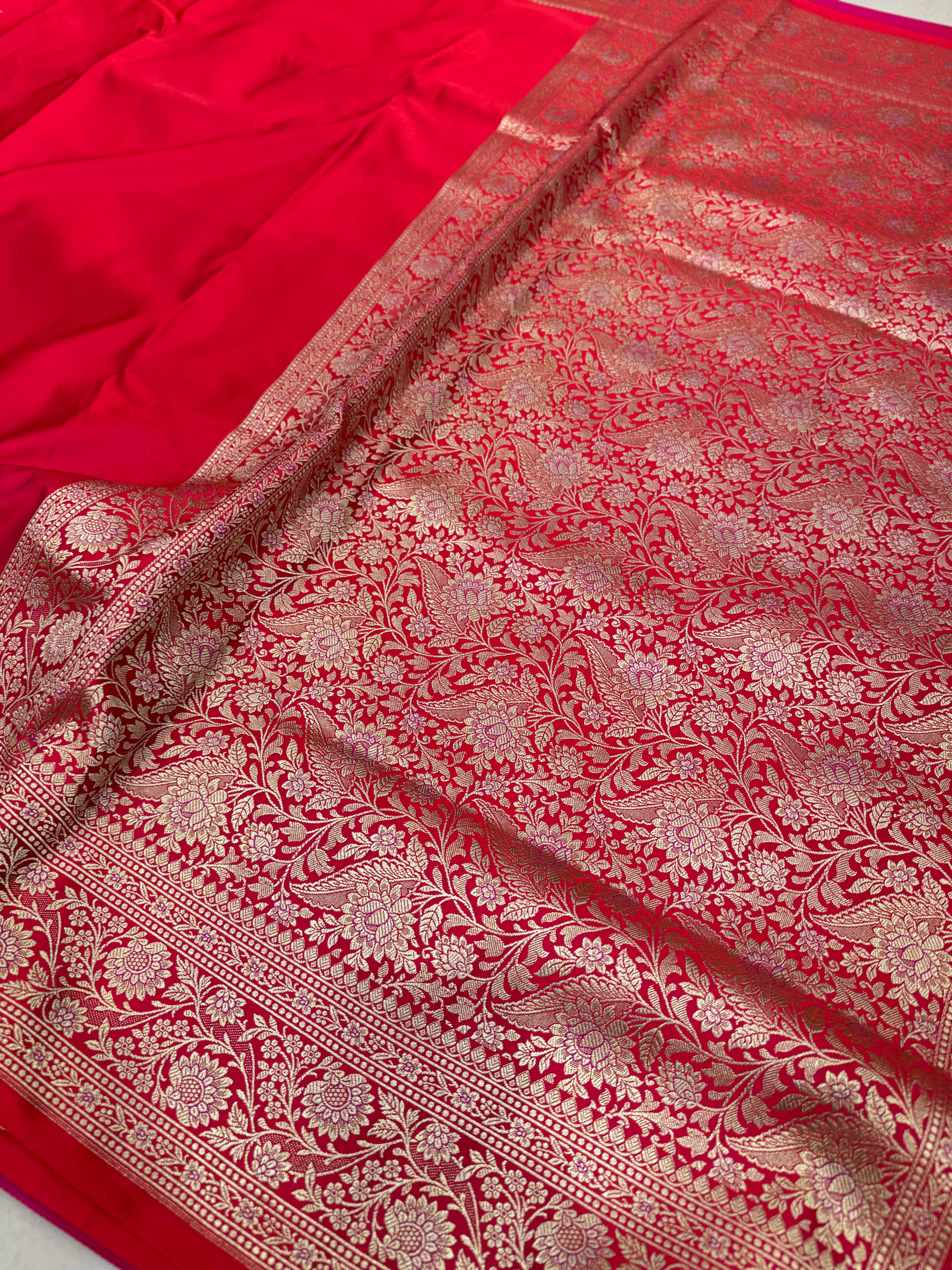 Red Banarasi Silk Plain Upside Down Border Saree