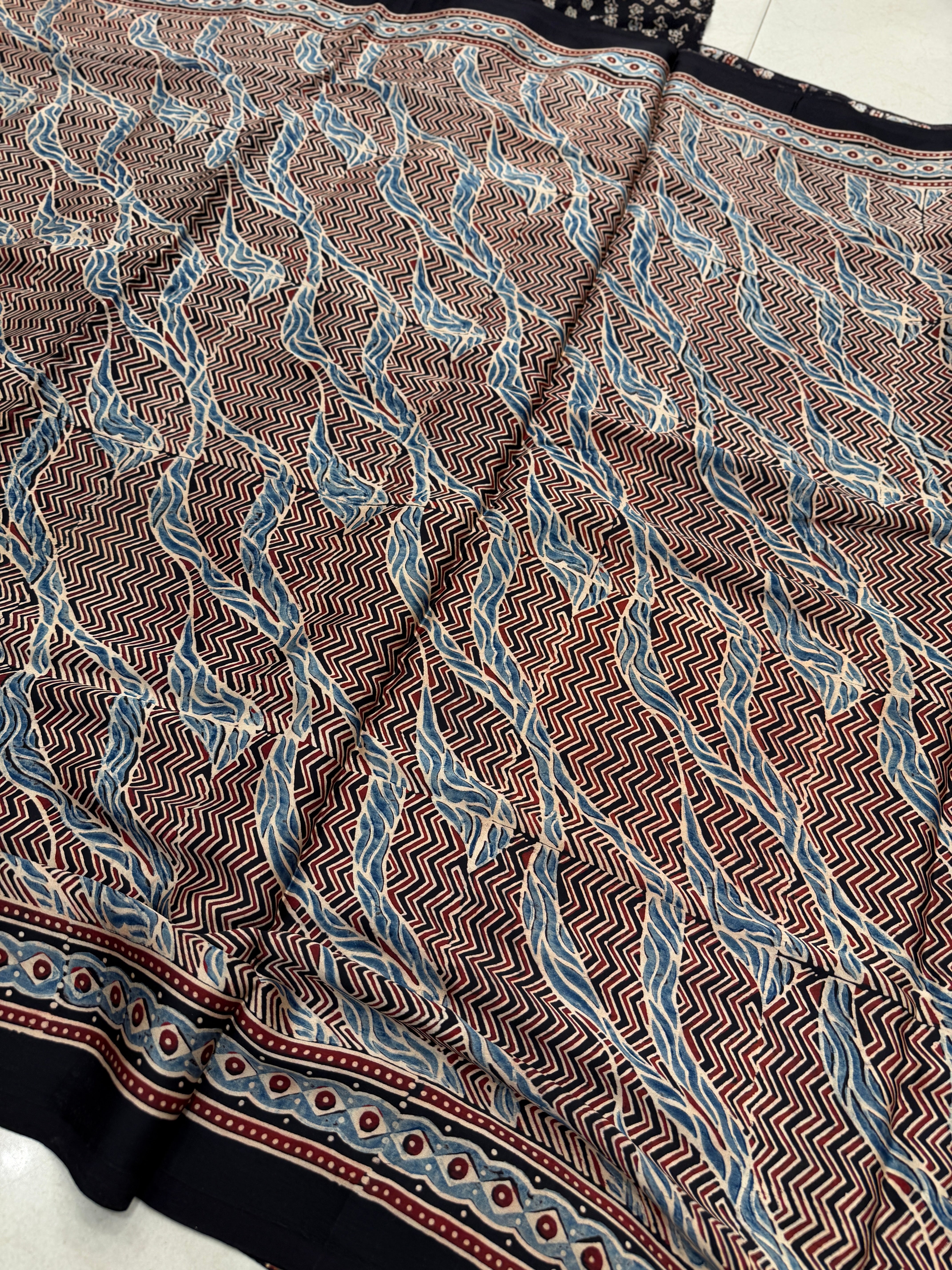 Black Blue Modern Style Ajrakh Hand Block Print Pure Modal Silk Saree