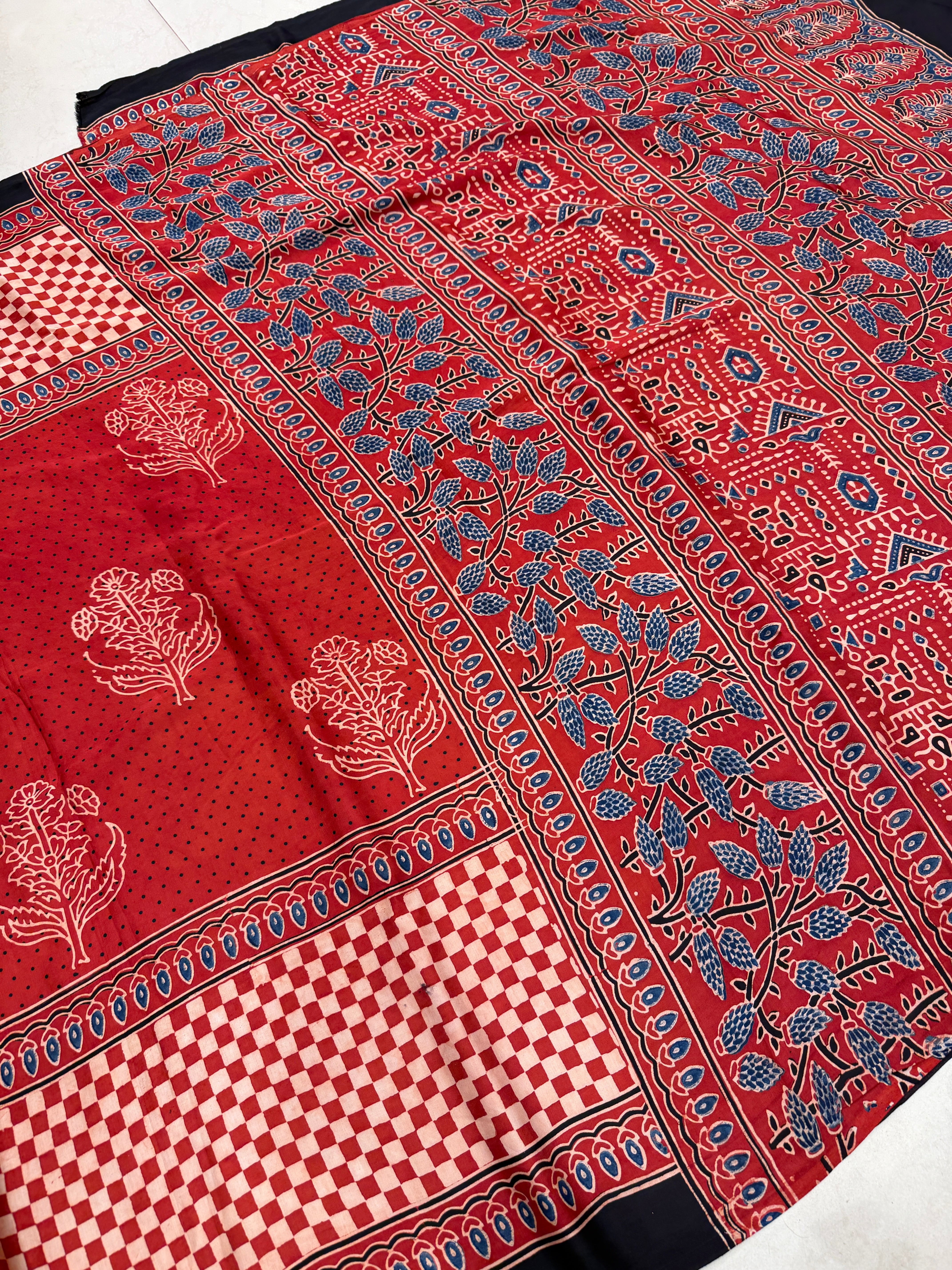 Red Contemporary Ajrakh Hand Block Print Pure Gajji Silk Saree
