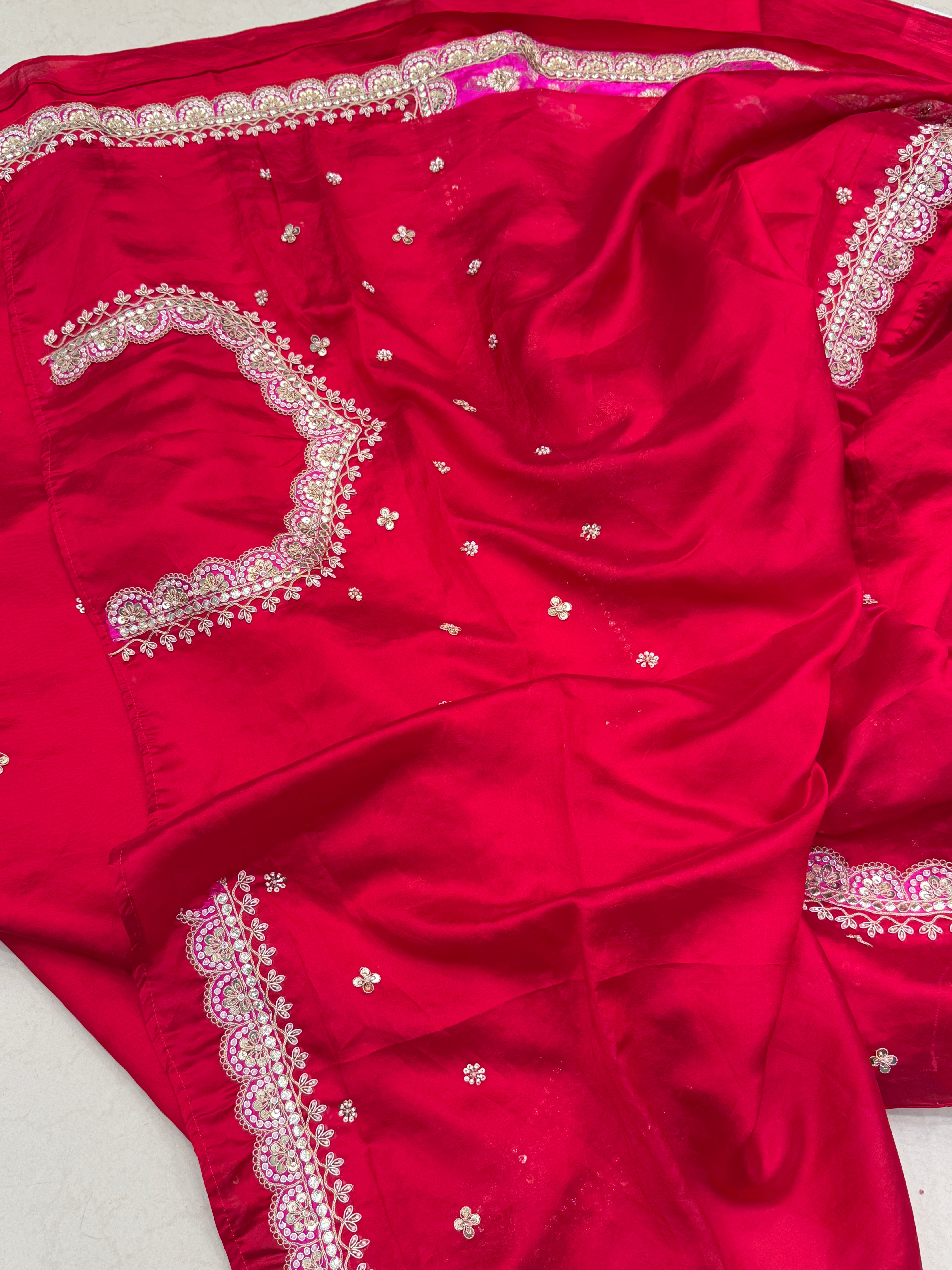 Red Rani Pink Pure Silk Katan Marodi Hand Embroidery Fusion Saree