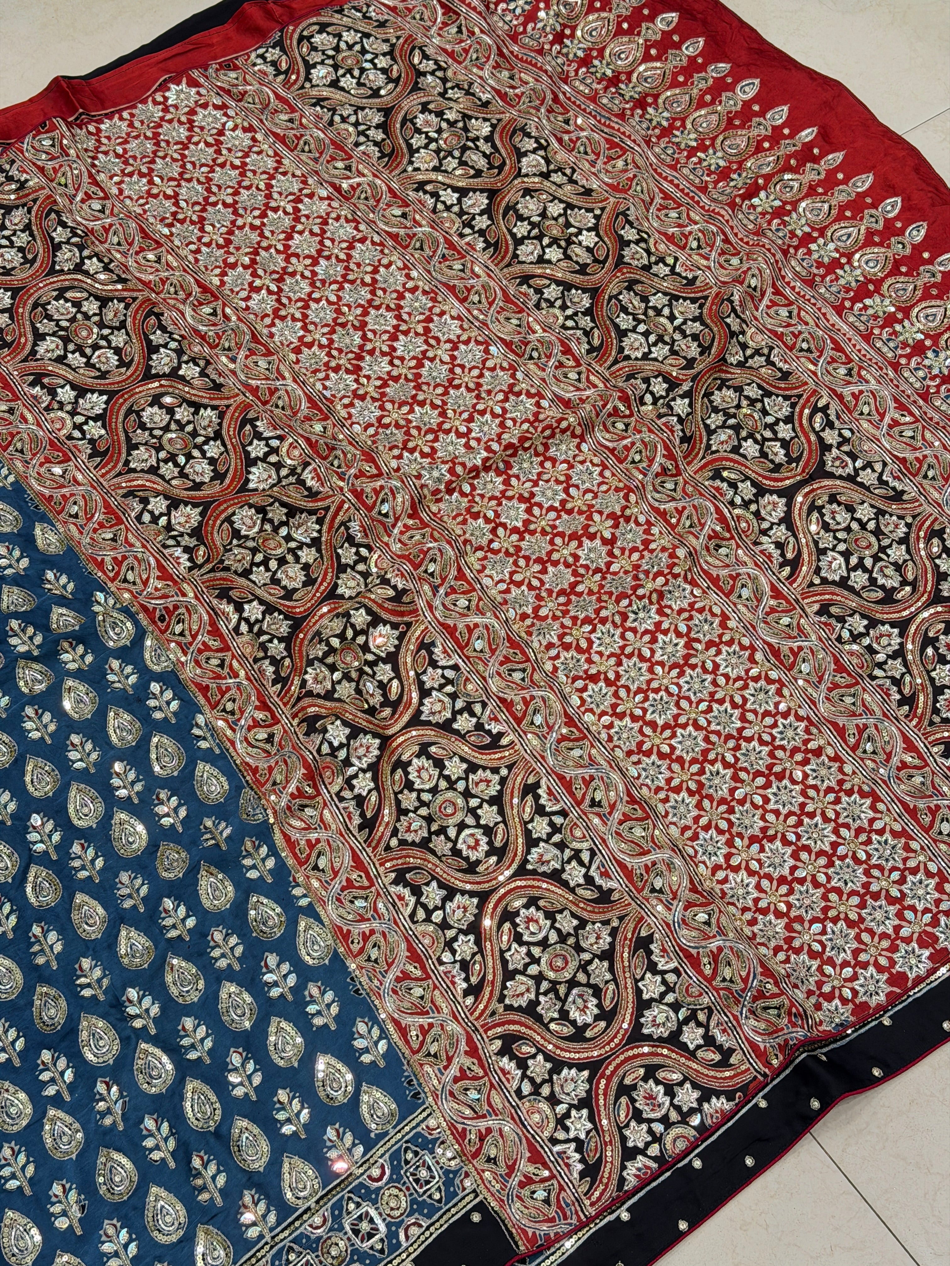 Blue Butta Pita Sequin Ajrakh Hand Embroidery Saree