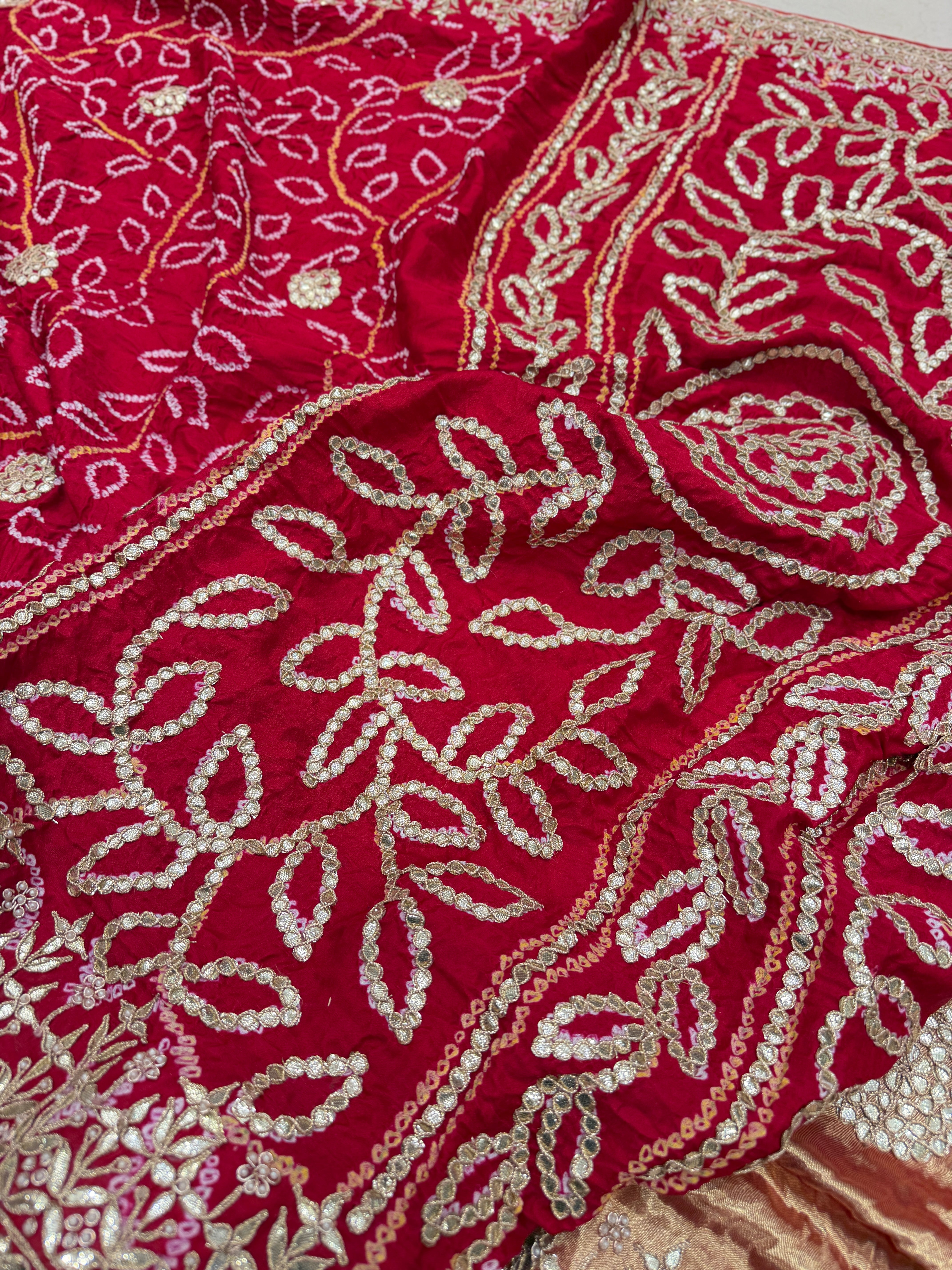 Red Gajji Silk Bandhej Hand Embroidery Gotapatti Marodi Saree