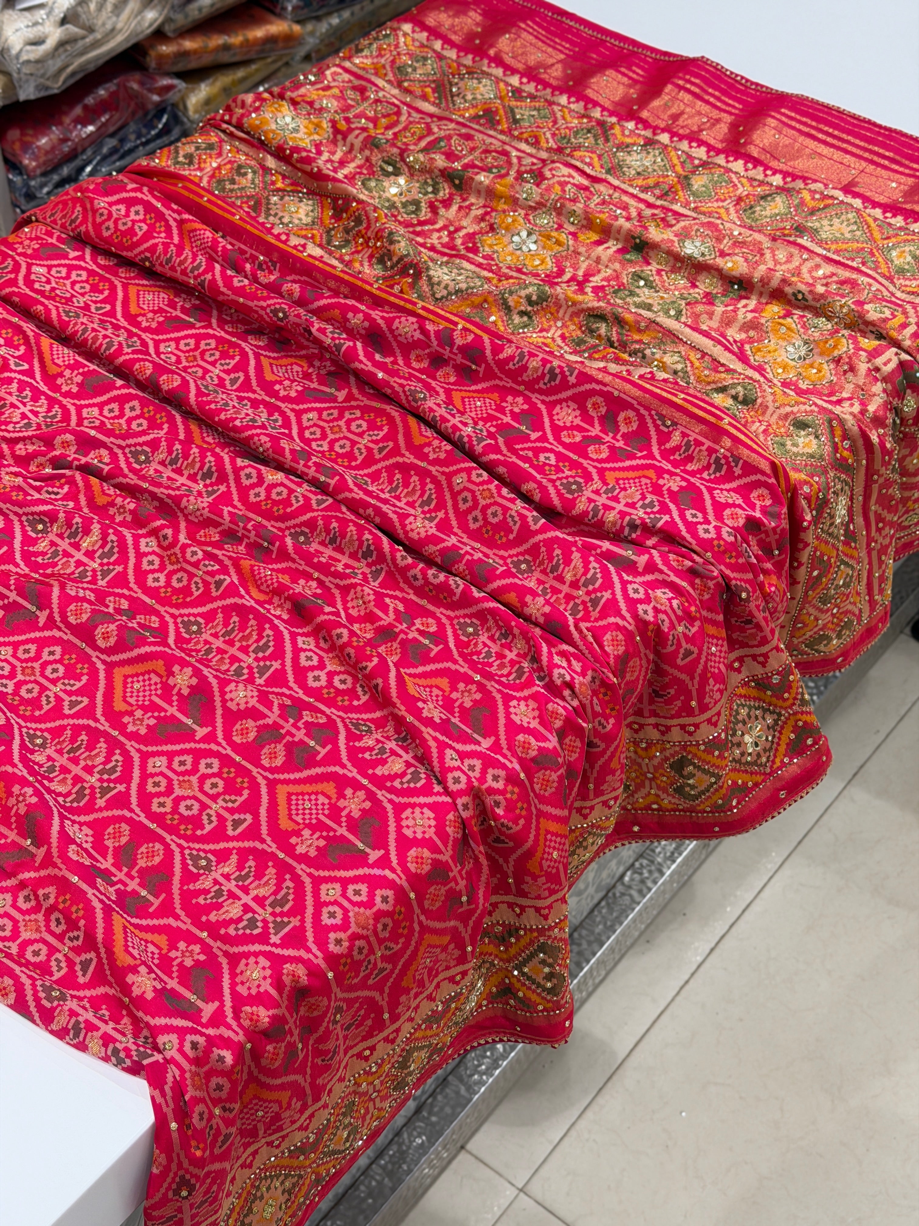 Rani Patola Crown Hand Embroidery Kutchi Style Saree