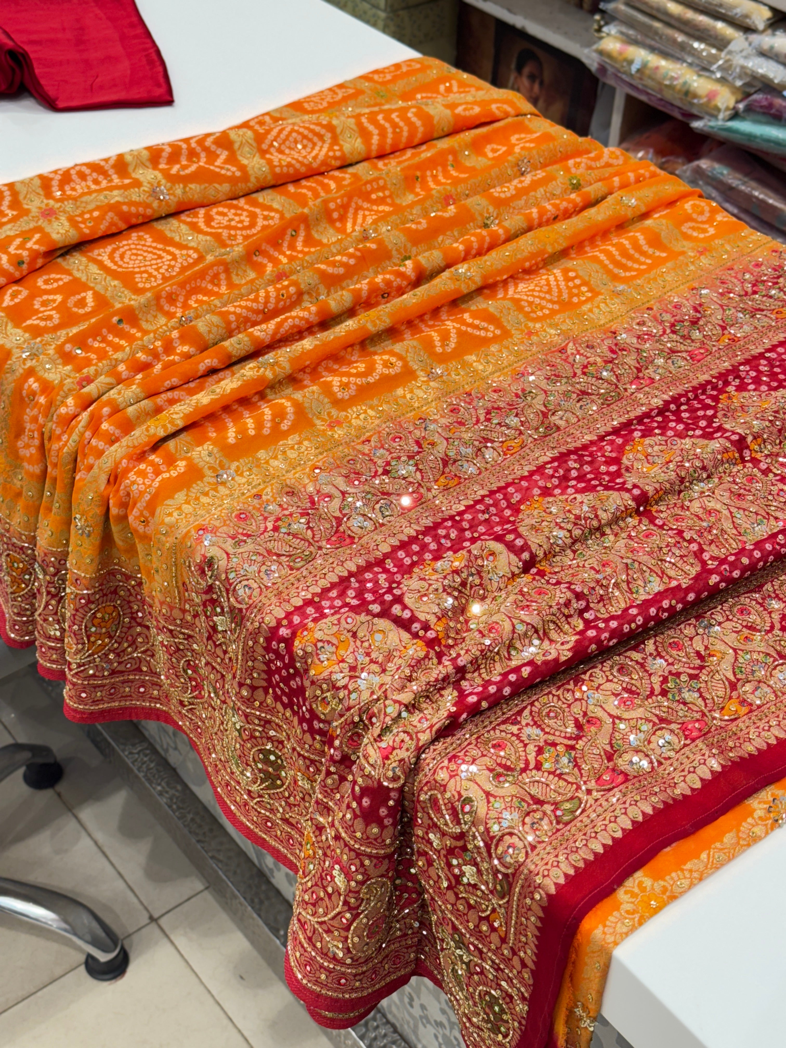 Orange Red Gharchola Embroidery Saree