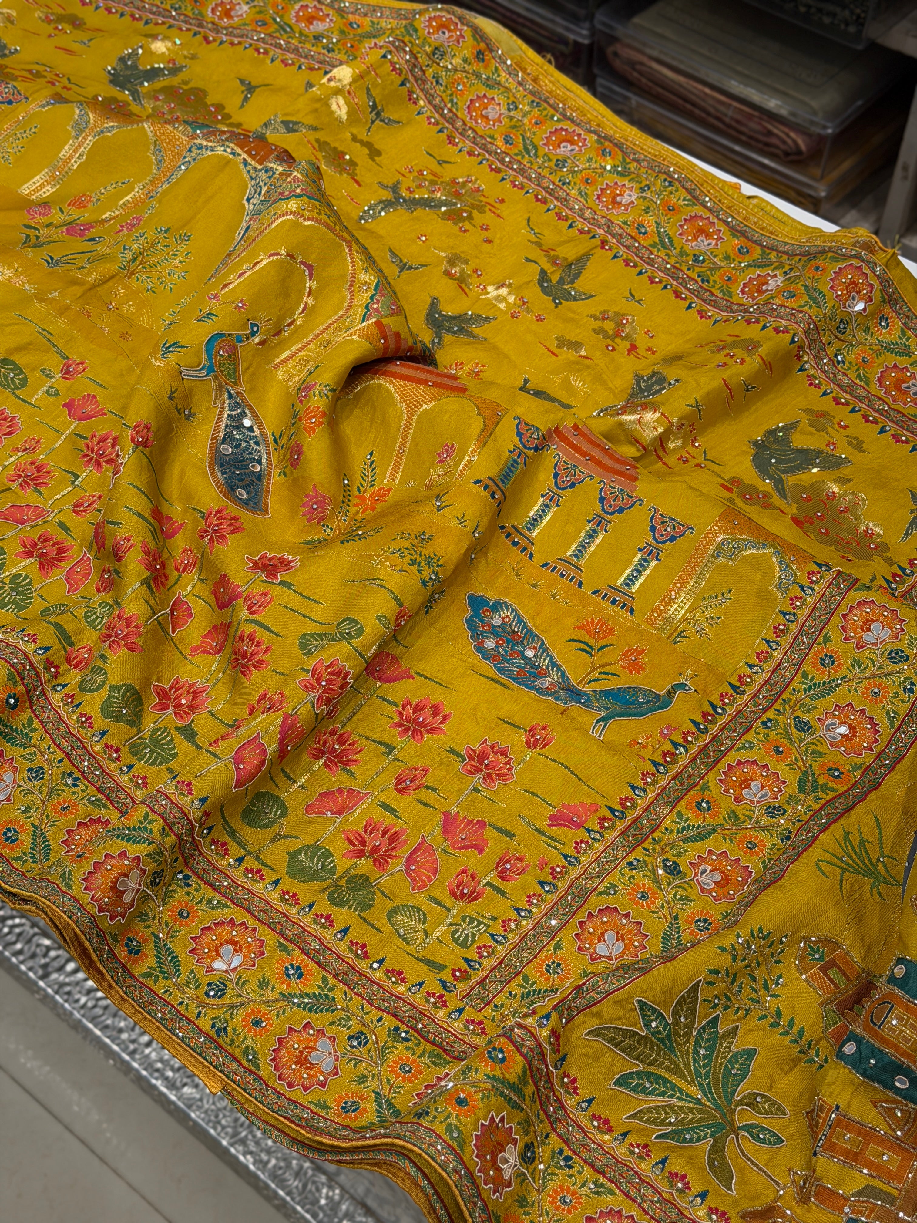 Yellow Palace Landscape Hand Embroidery Pashmina Saree