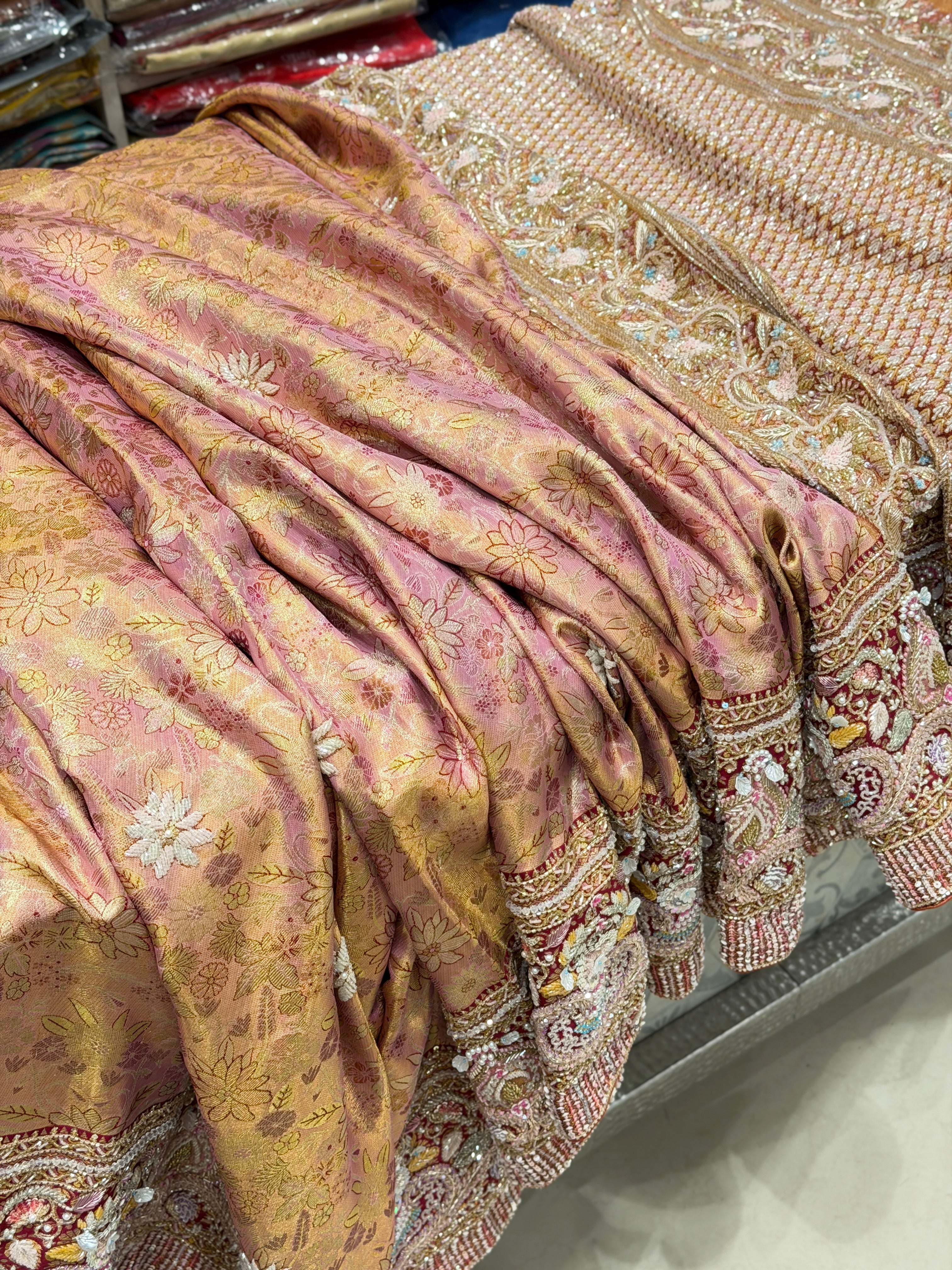 Pink Meenakari Tissue Kanjivaram Moti Zardosi Hand Embroidery Saree