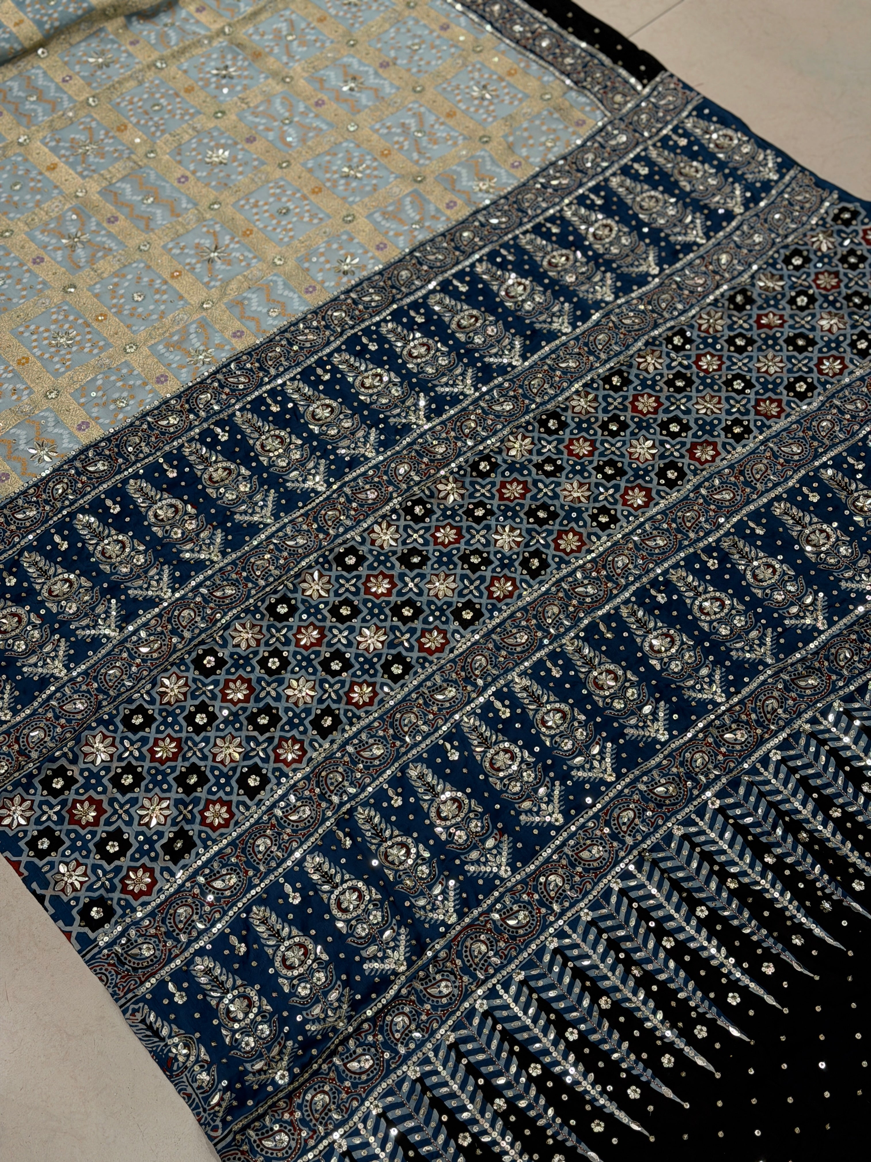 Light Blue Gharchola Ajrakh Hand Embroidery Saree