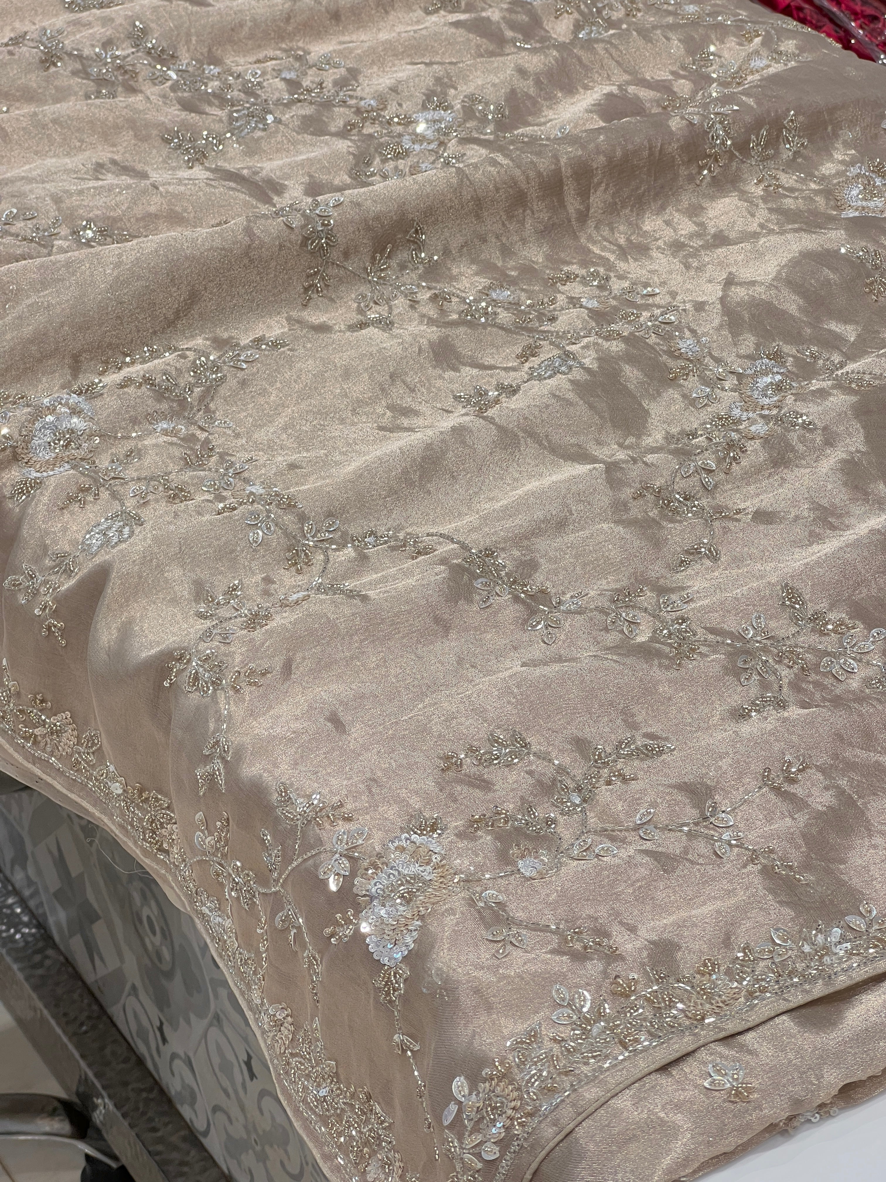 Rose Silver Tissue Hand Embroidery Saree