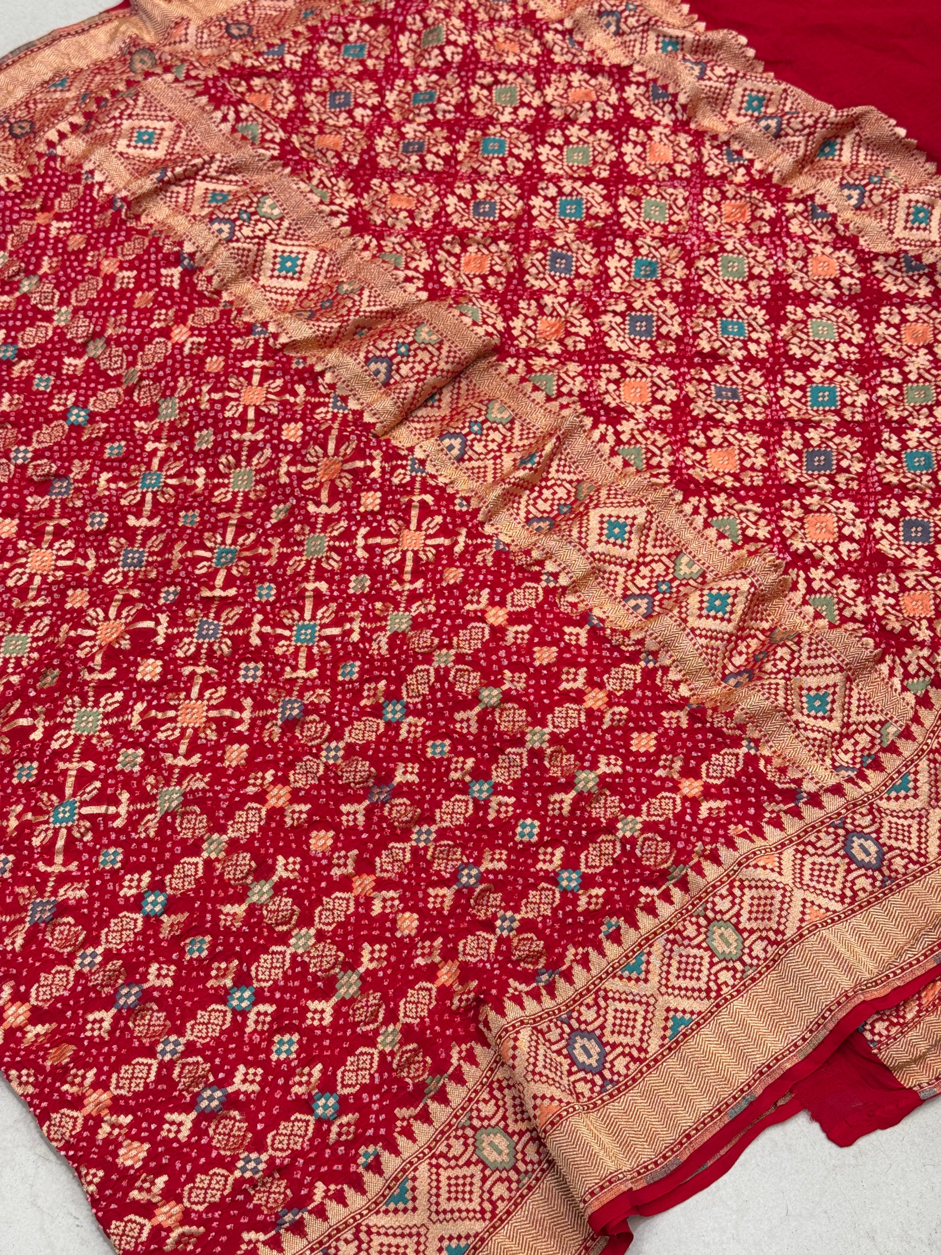 Red Bandhej Meenakari Bandhej Patola Weave Saree