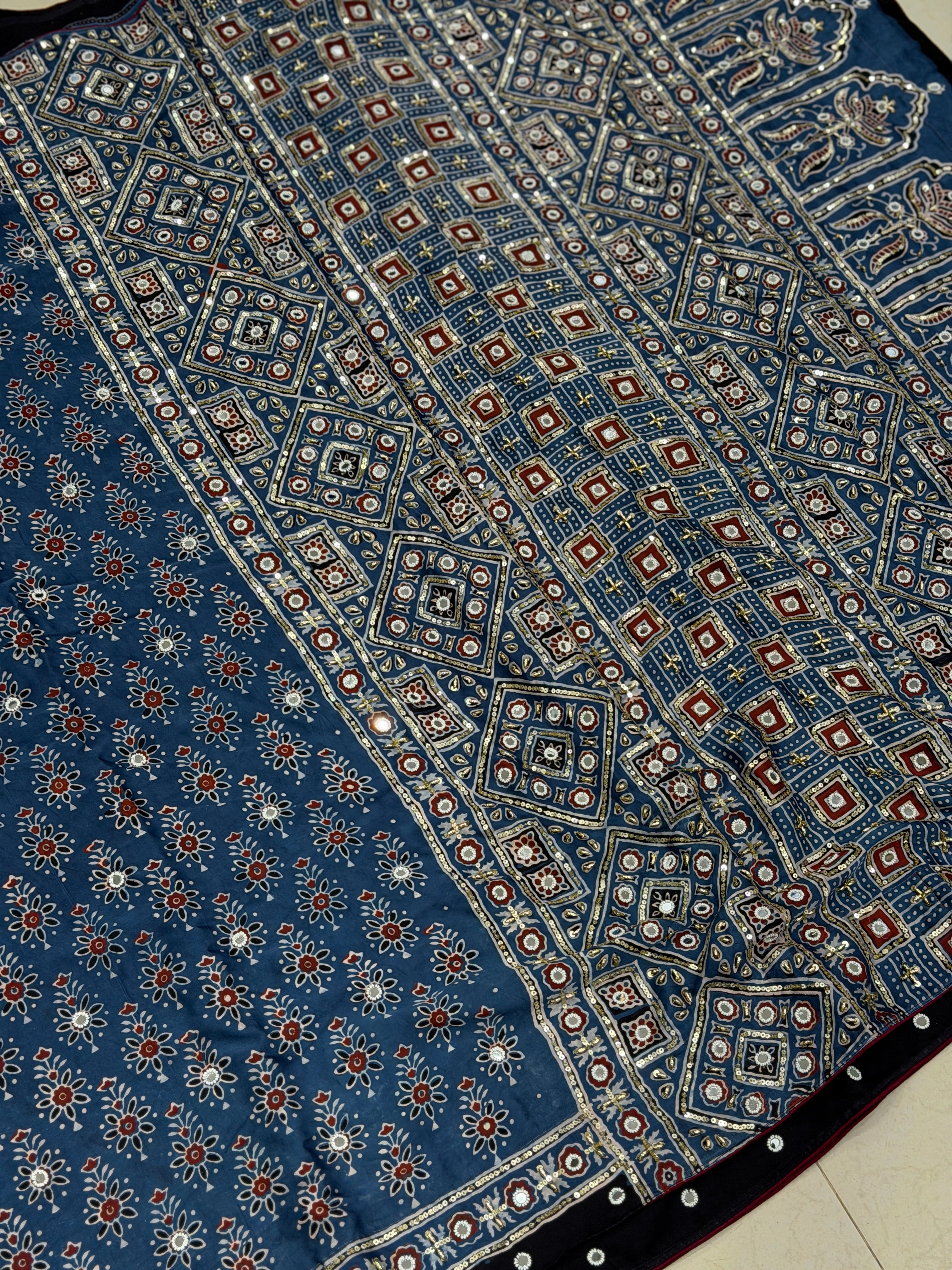Blue Buttis Ajrakh Real Mirror Moti Sequin Hand Embroidery Saree