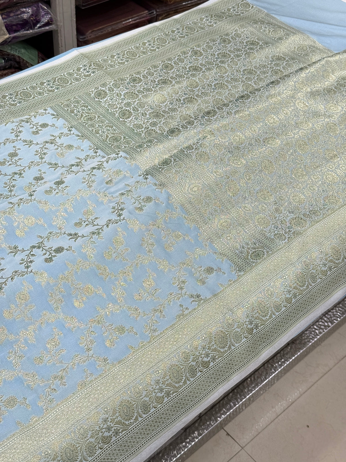 Light Blue Banarasi Silk Flower Border Saree
