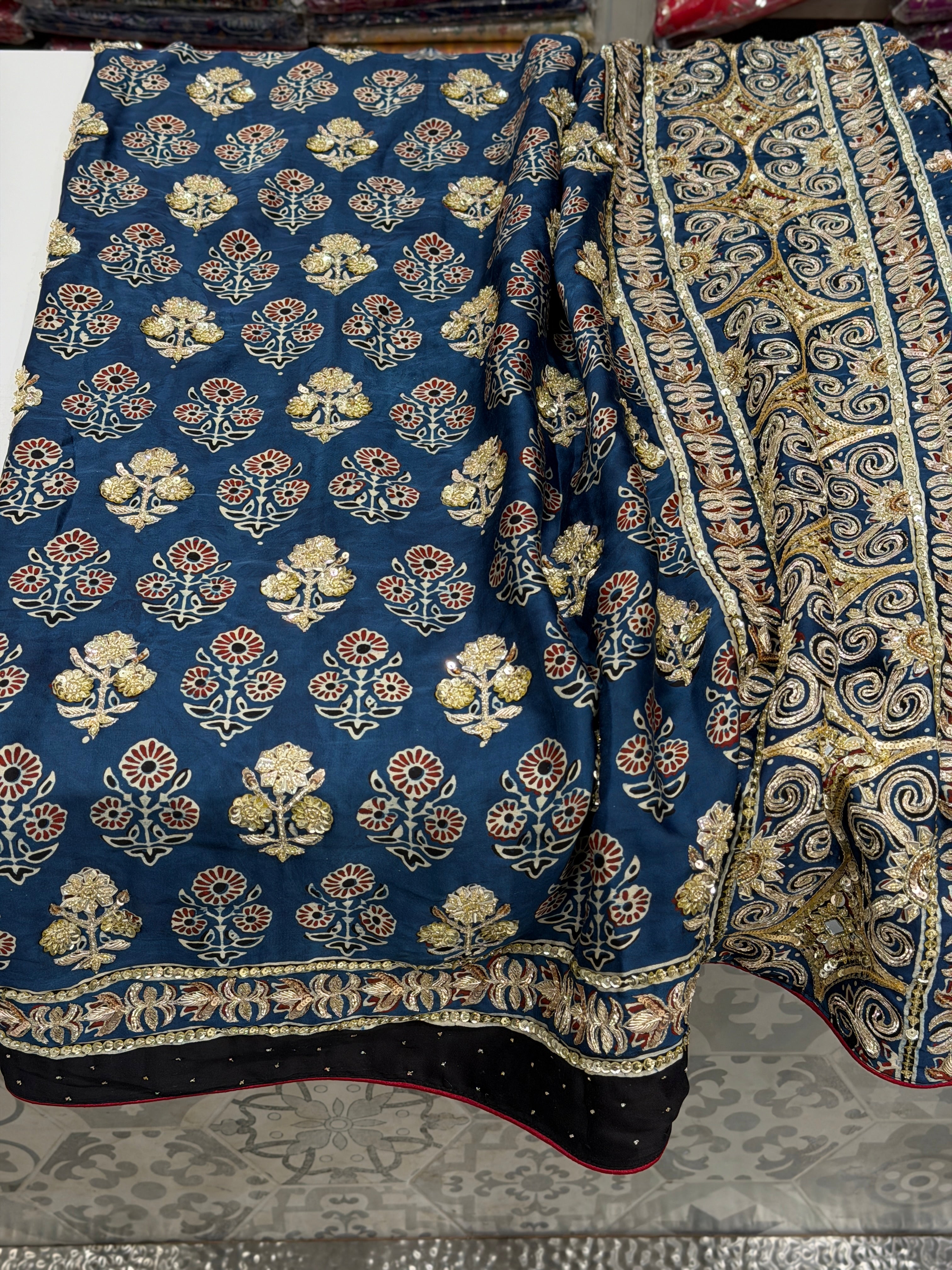 Blue Buttas Pita Zardosi Sequin Ajrakh Hand Embroidery Saree