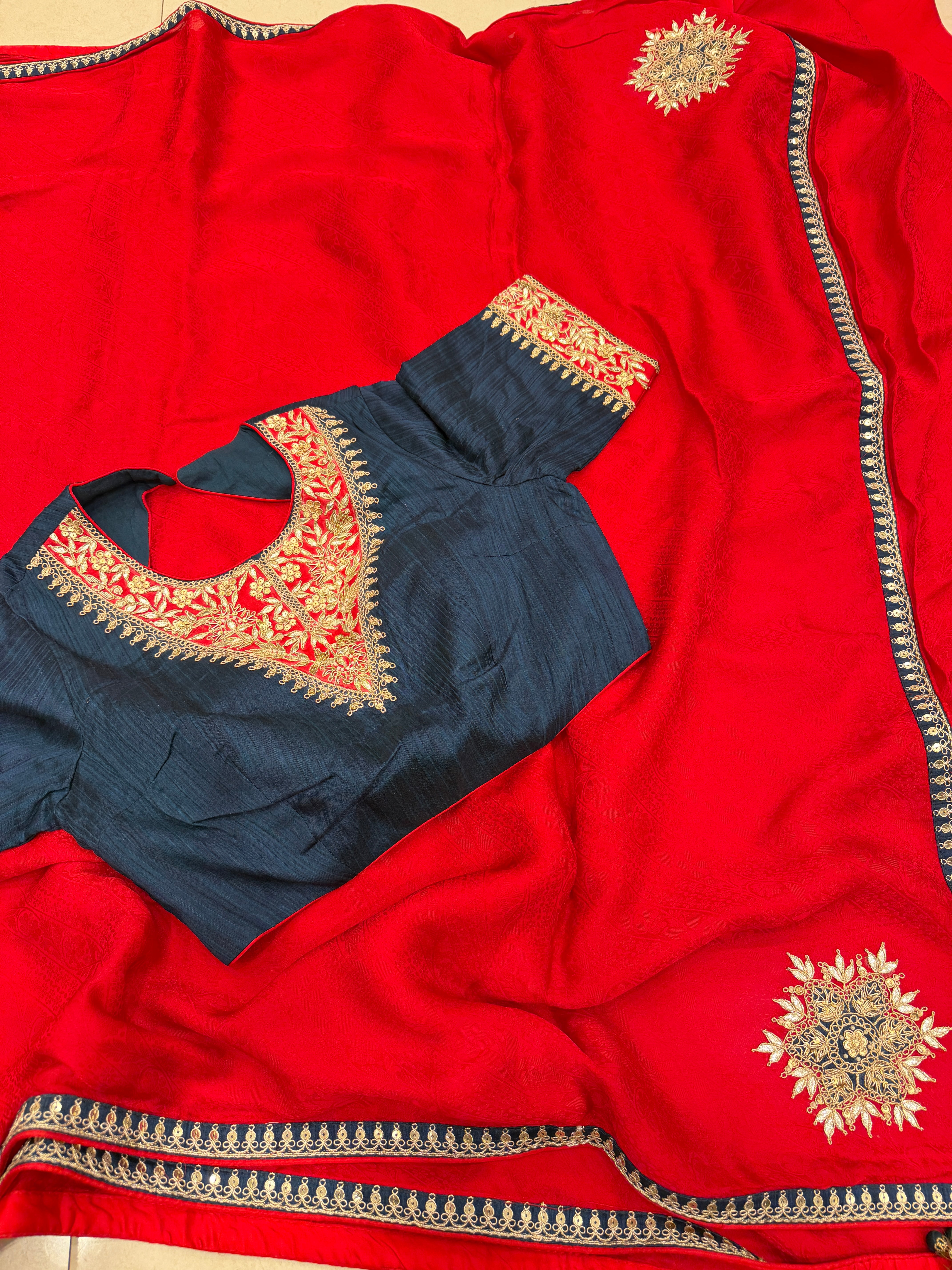 Red Jaquard Crepe Saree with Gotapatti Marodi Stitched Blouse