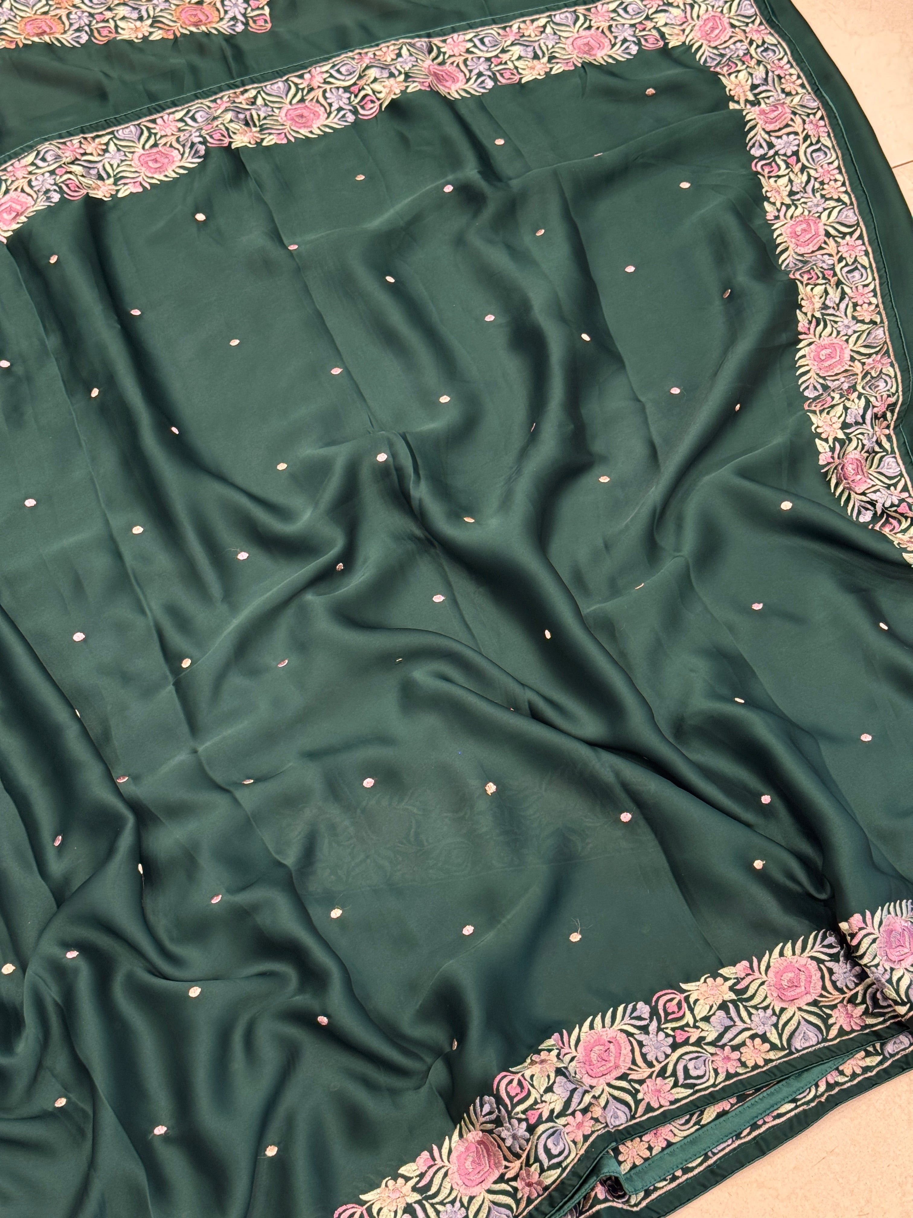 Bottle Green Satin Parsi Gara Saree