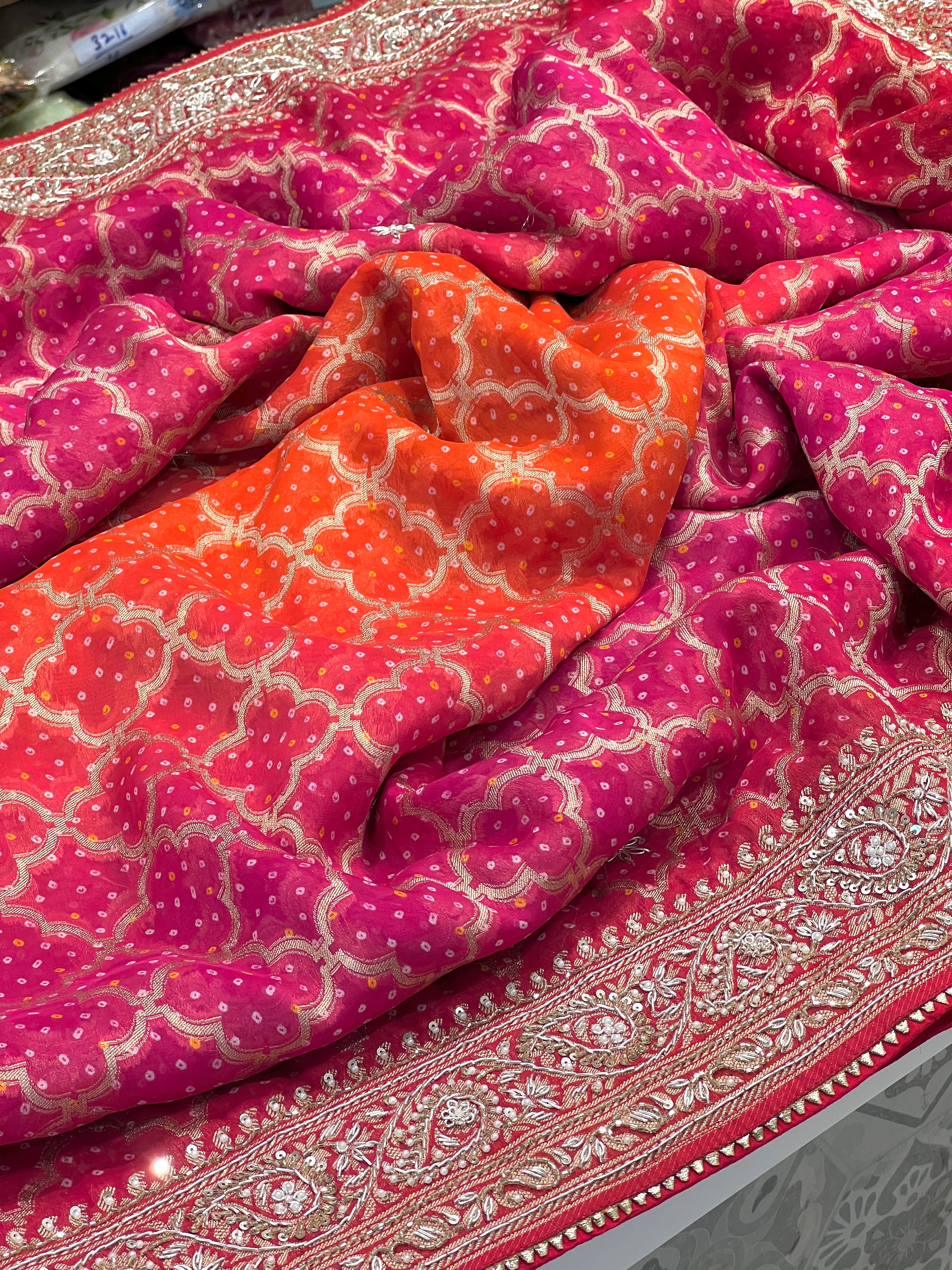 Shaded Pink Orange Bandhej Hand Embroidery Saree