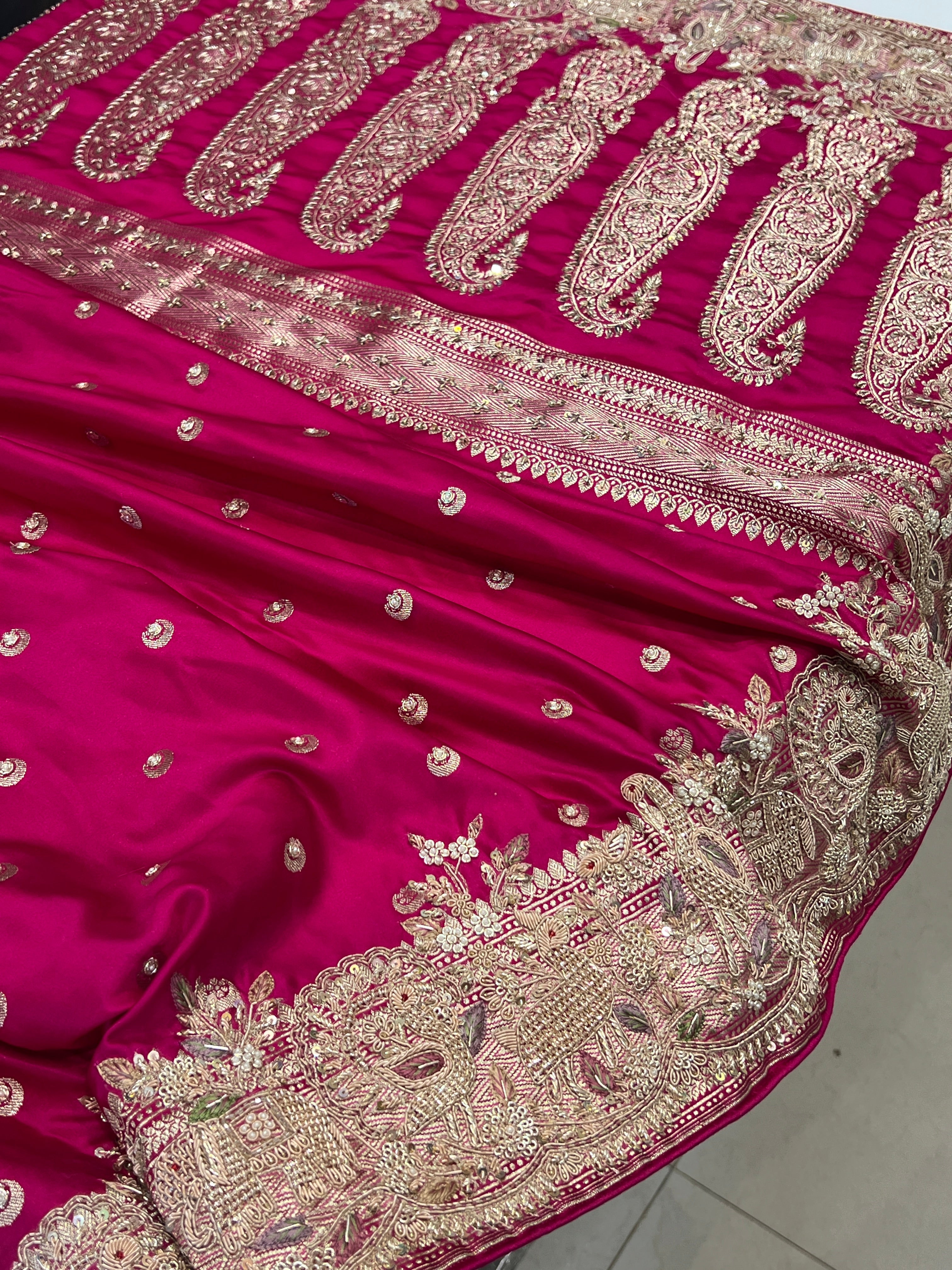 Rani Pink Banarasi Chand Butti Zarodozi Hand Embroidery Saree
