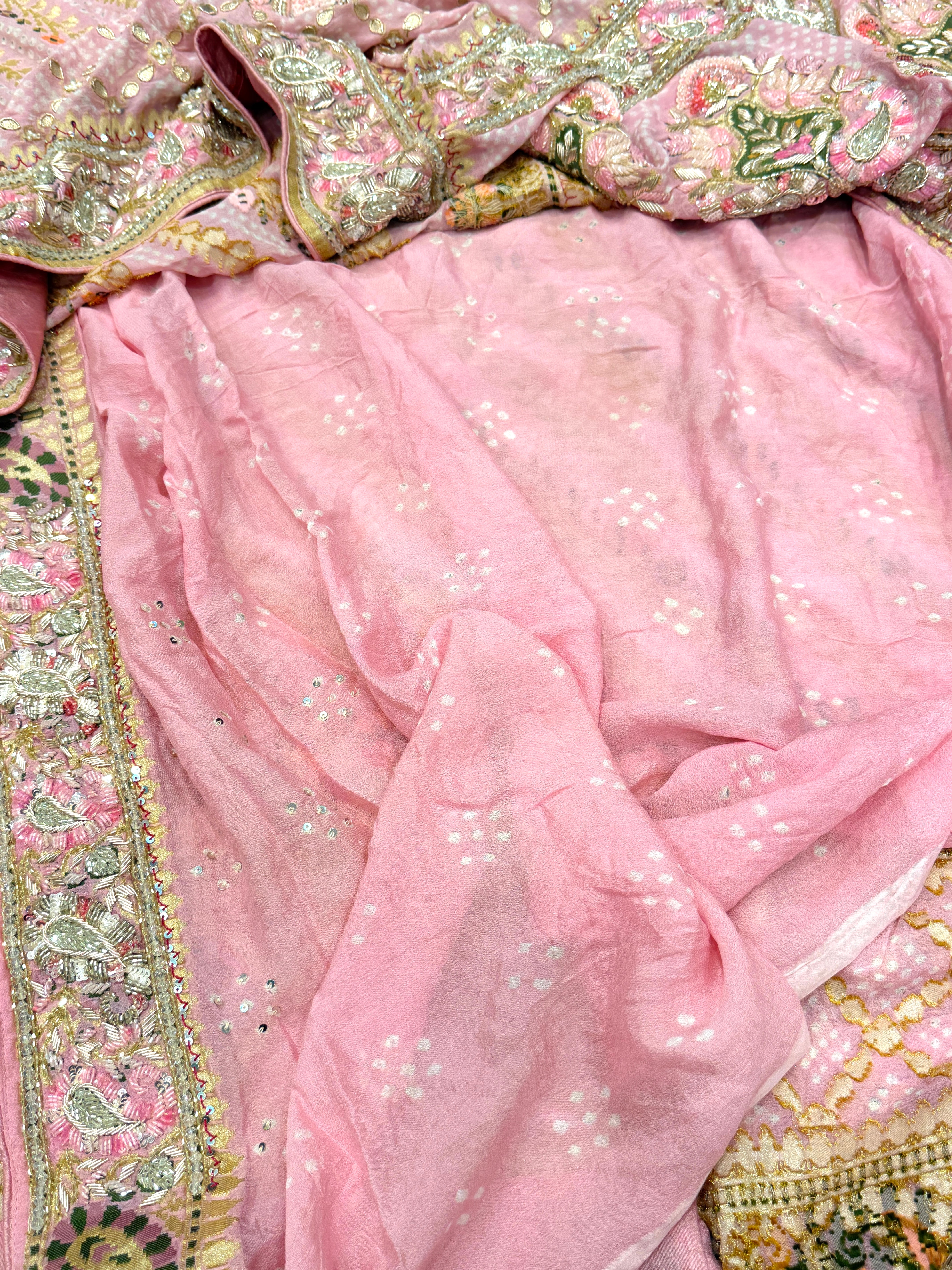 Pastel Pink Bandhej Meenakari Hand Embroidery Saree