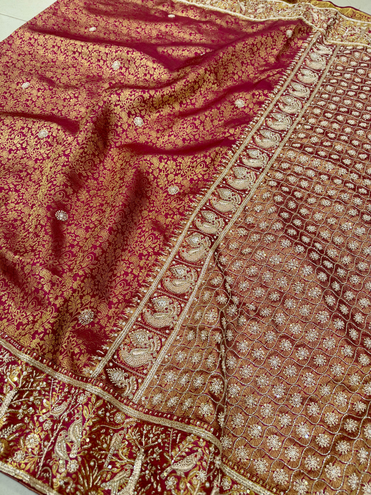 Maroonish Wine Kanjivaram Landscape Zardosi Hand Embroidery Saree