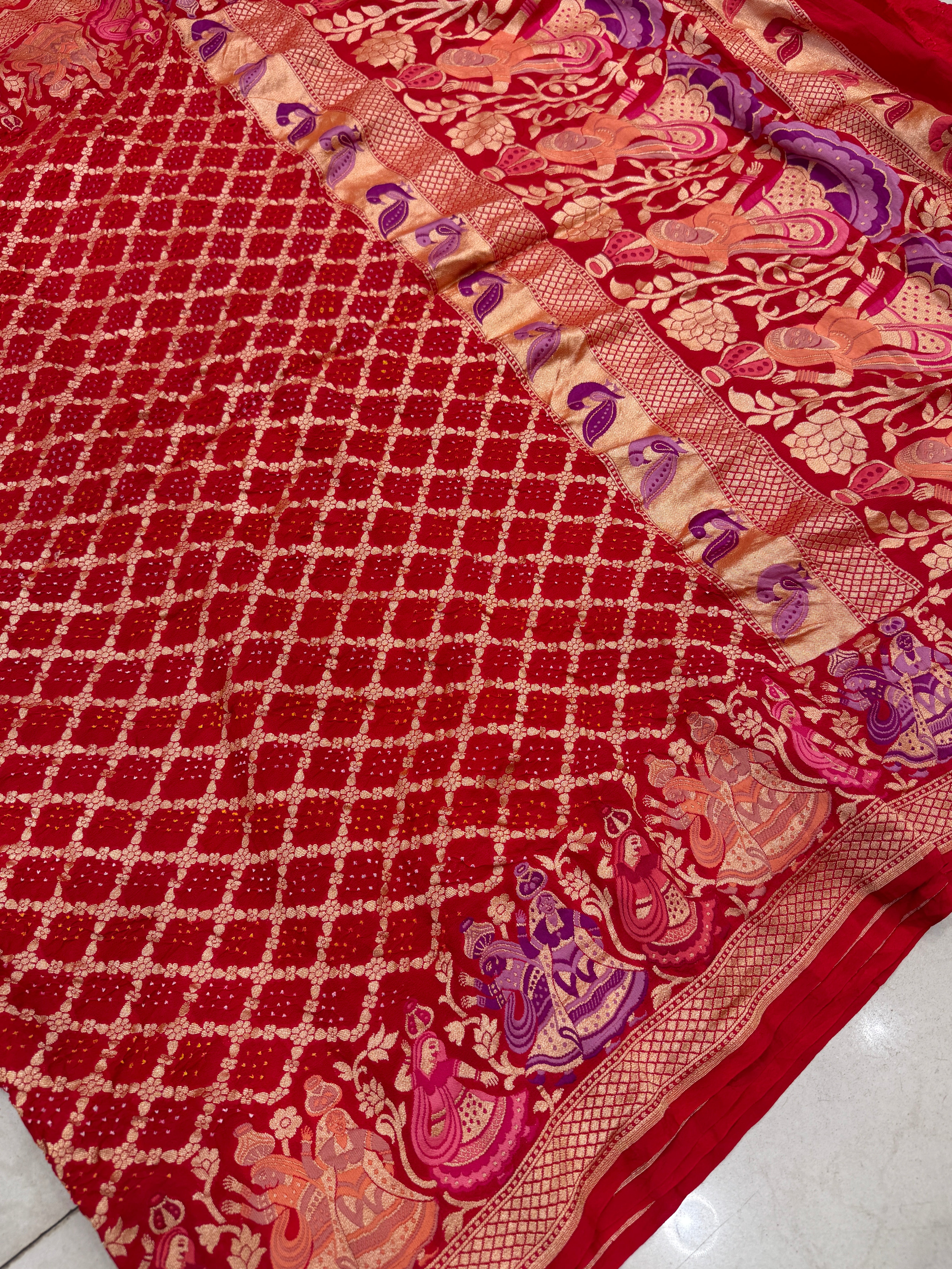 Red Rai Bandhej Meenakari Handloom Saree