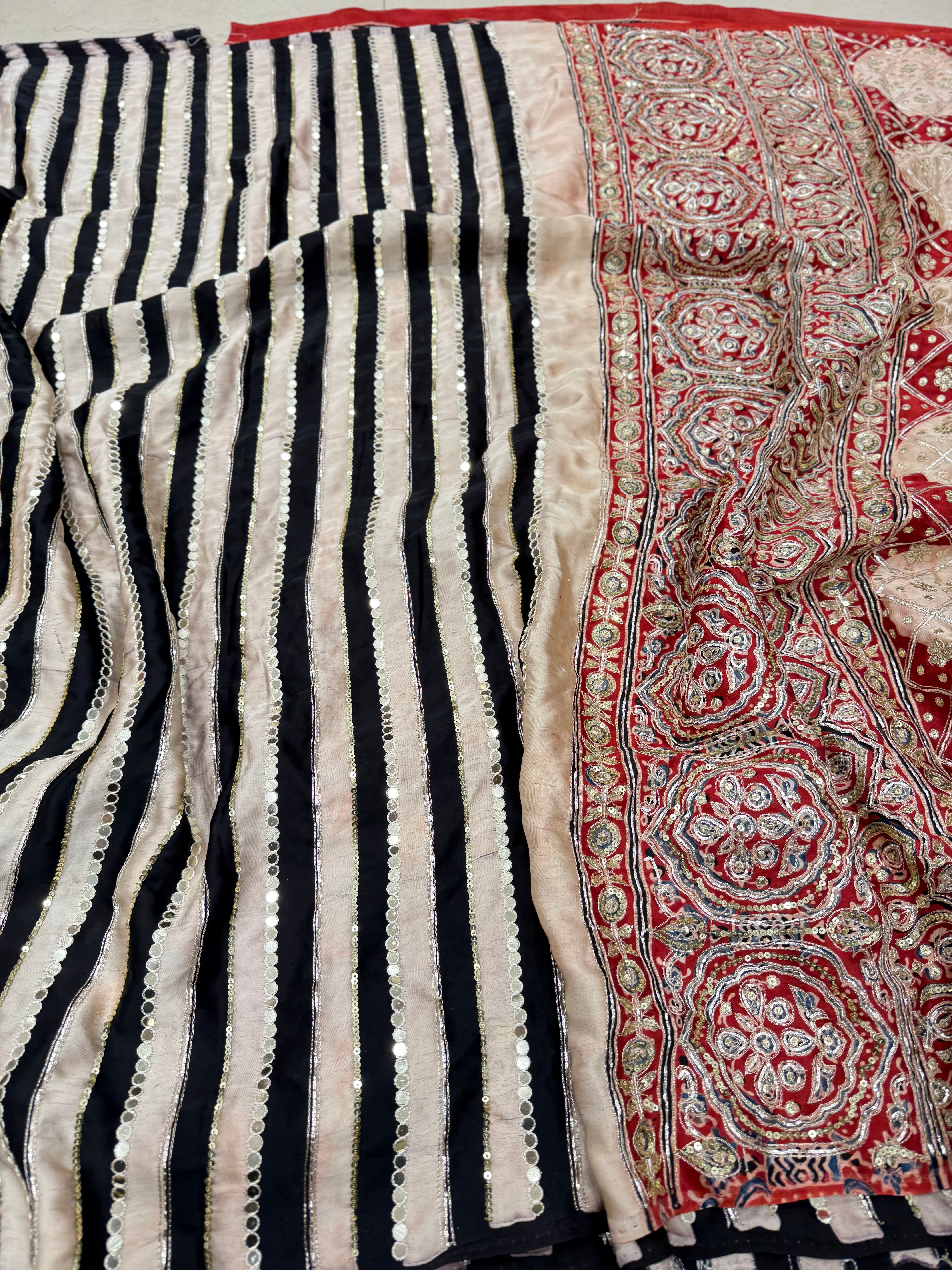 Black White Contemporary Mirror Ajrakh Hand Embroidery Saree