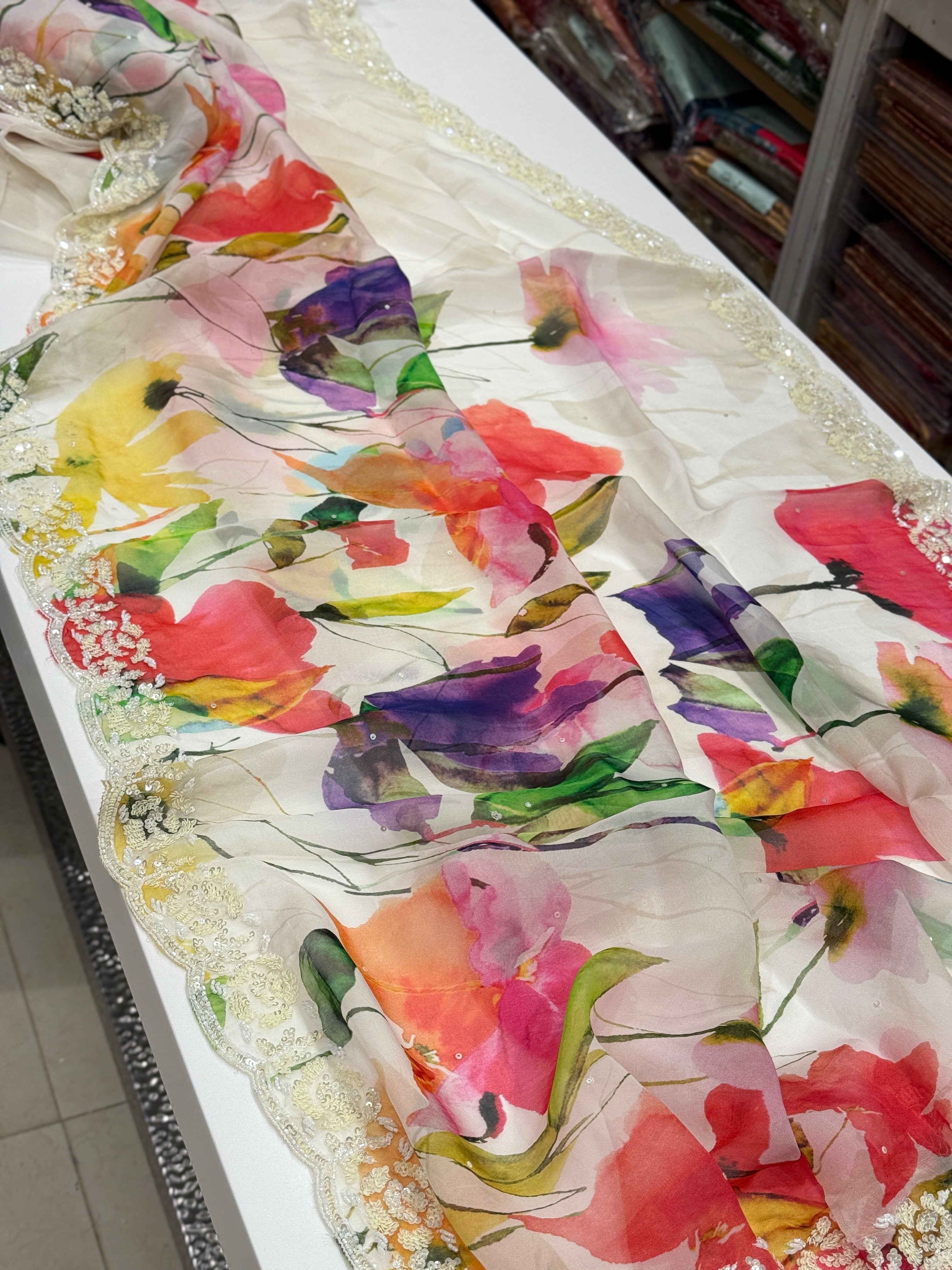 Multi Colour Print Muslin Border Heavy Hand Embroidery Saree