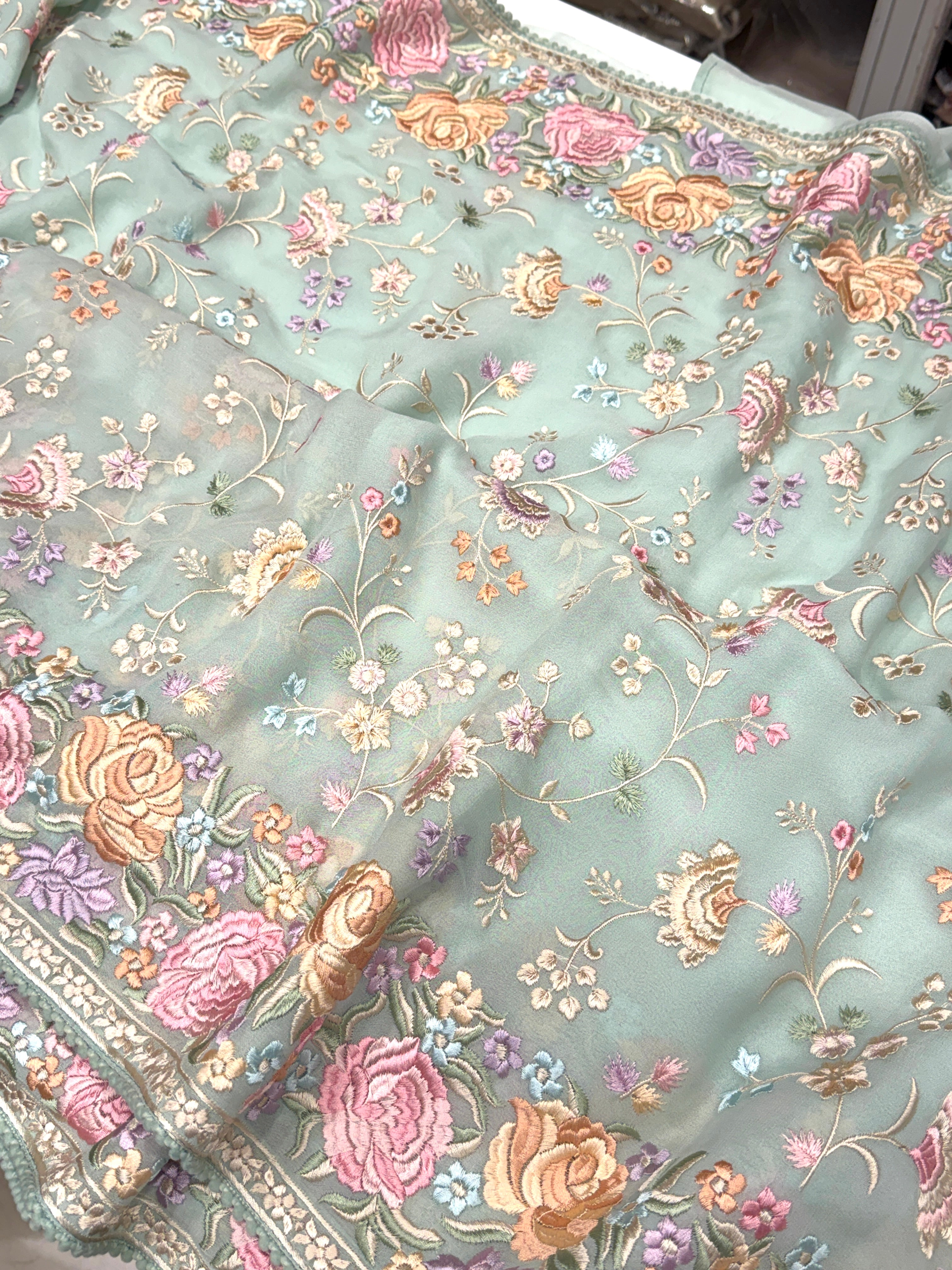 Sea Green Jaal Georgette Multi Colour Parsi Gara Saree