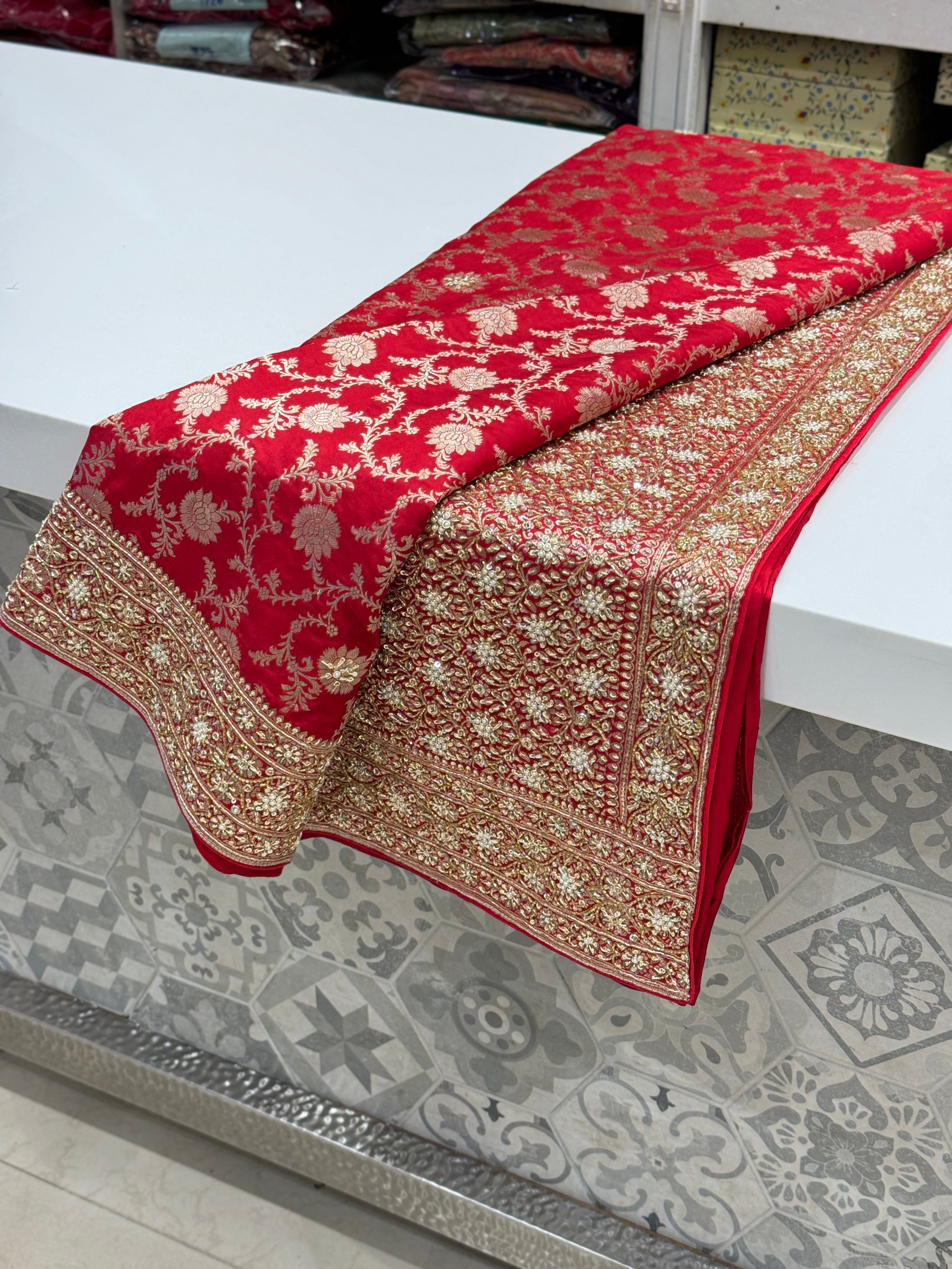 Red Banarasi Handloom Katan Embroidery Saree