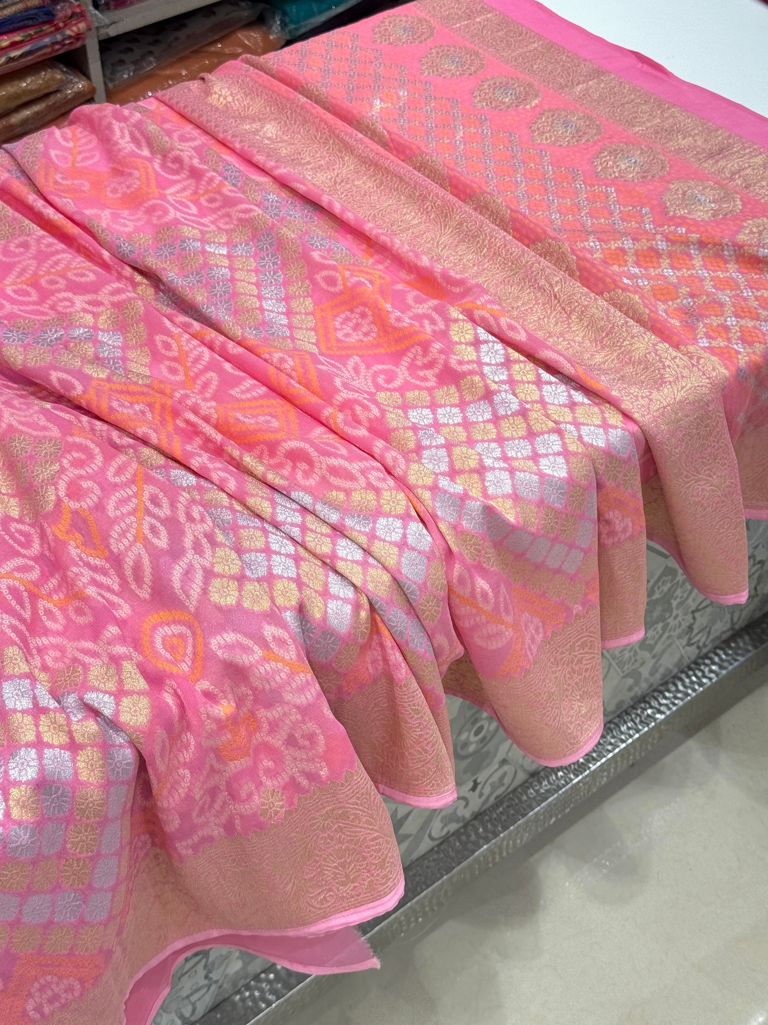 Pink Woven Bandhej Sona Roopa Georgette Saree with contrast Blouse