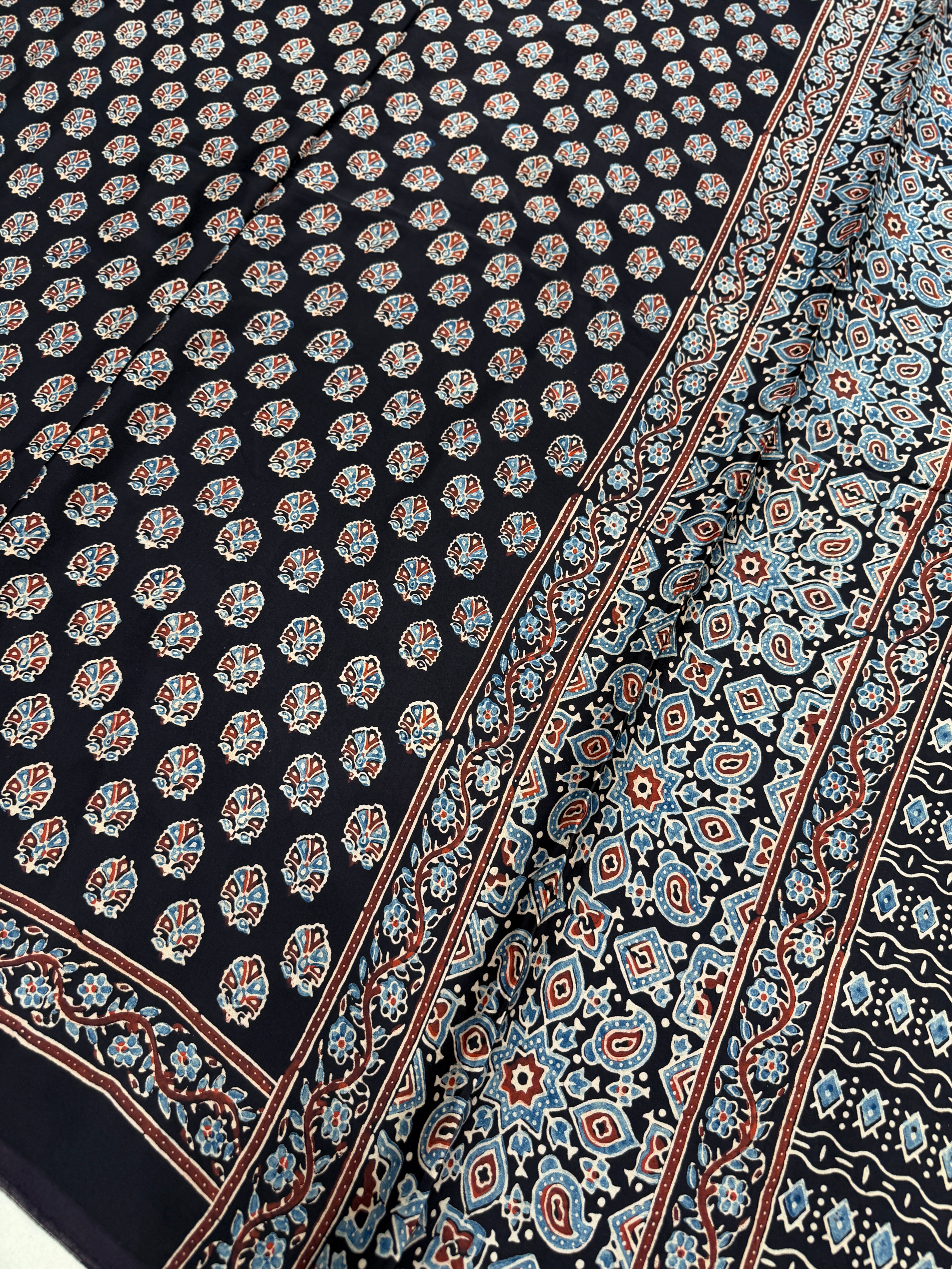 Black Buttis Ajrakh Hand Block Print Pure Gajji Silk Saree