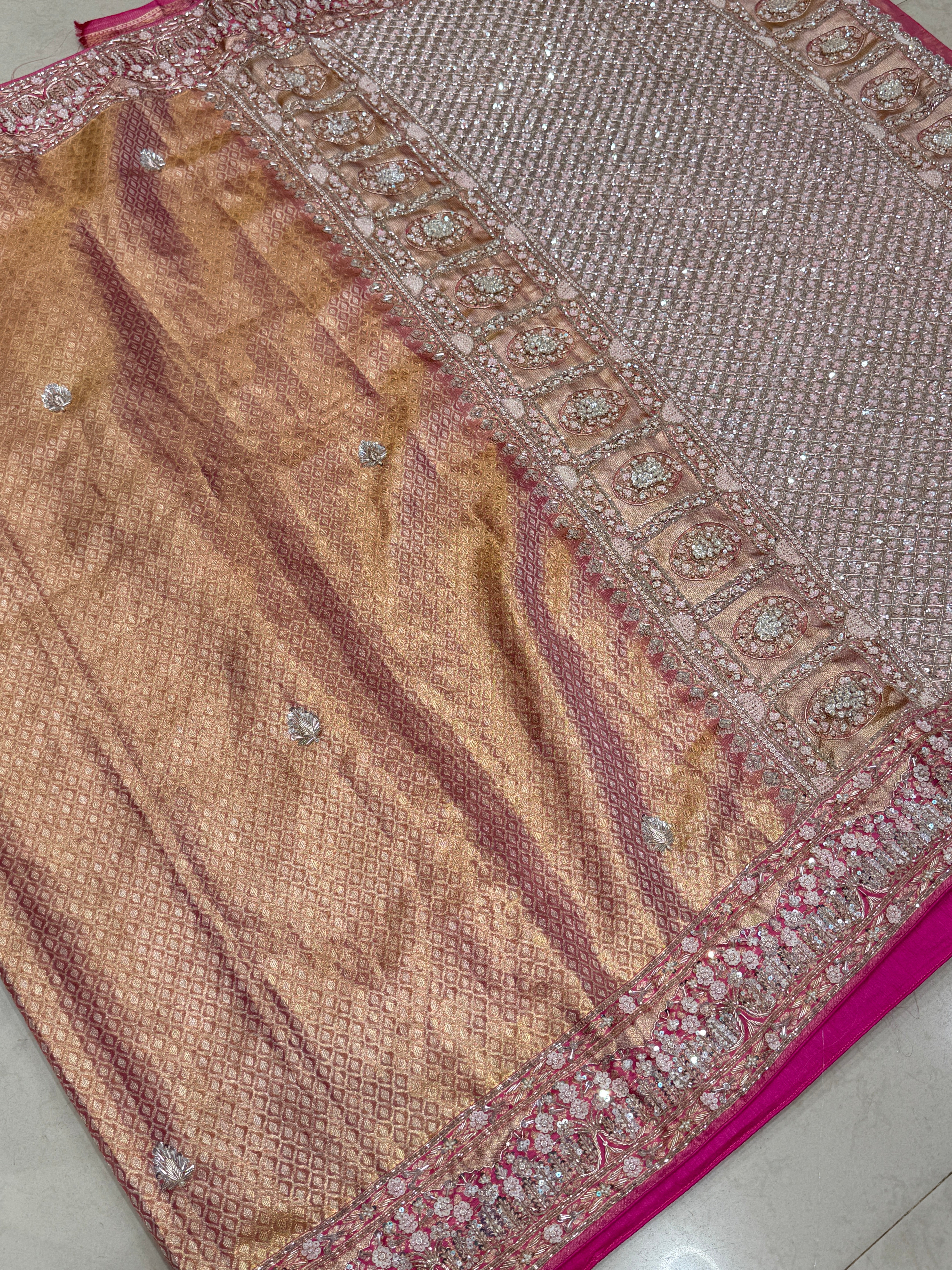Pink Tissue Kanjivaram Hand Embroidery Saree