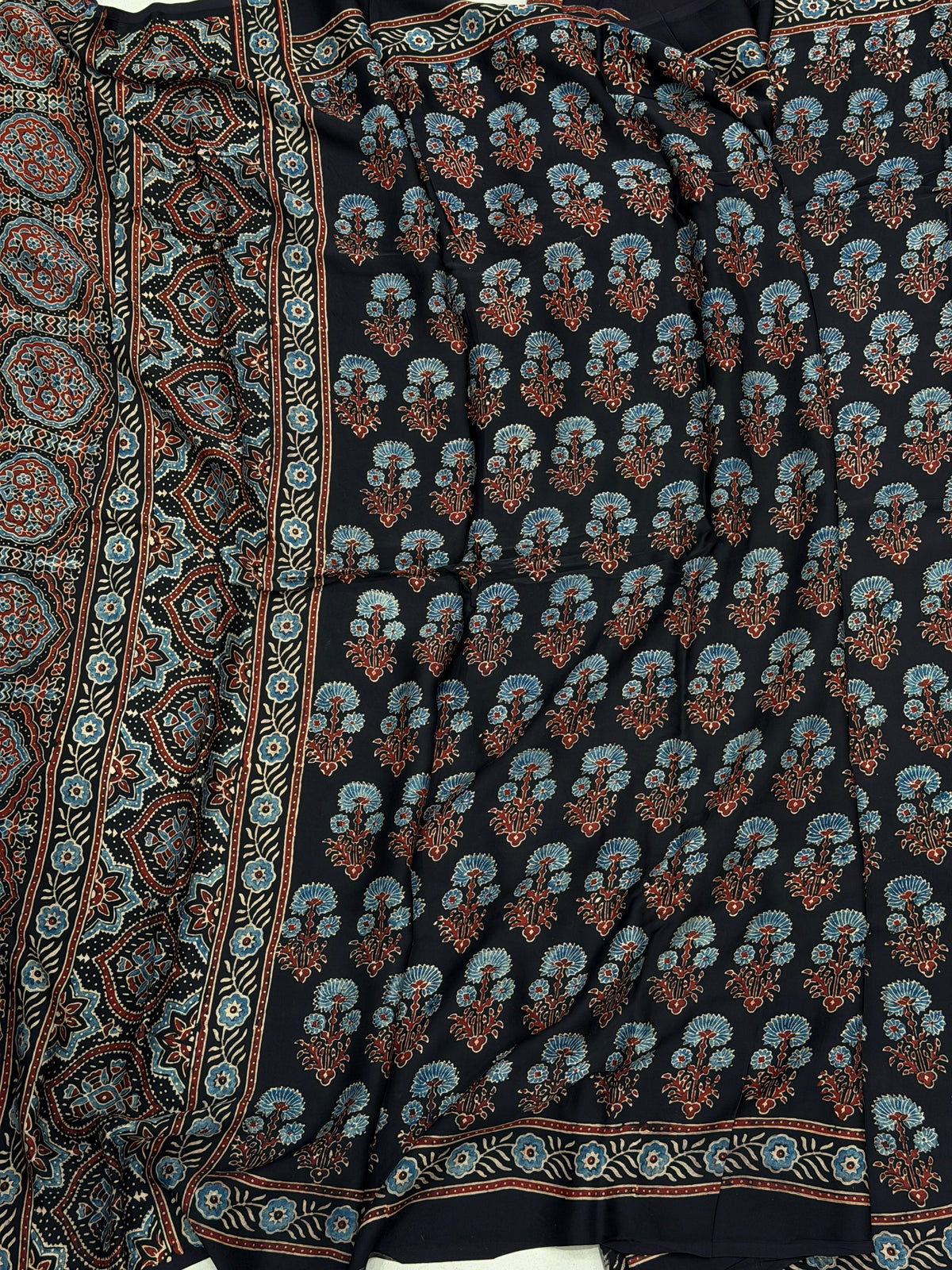 Black Buttas Ajrakh Hand Block Print Pure Gajji Silk Dupatta