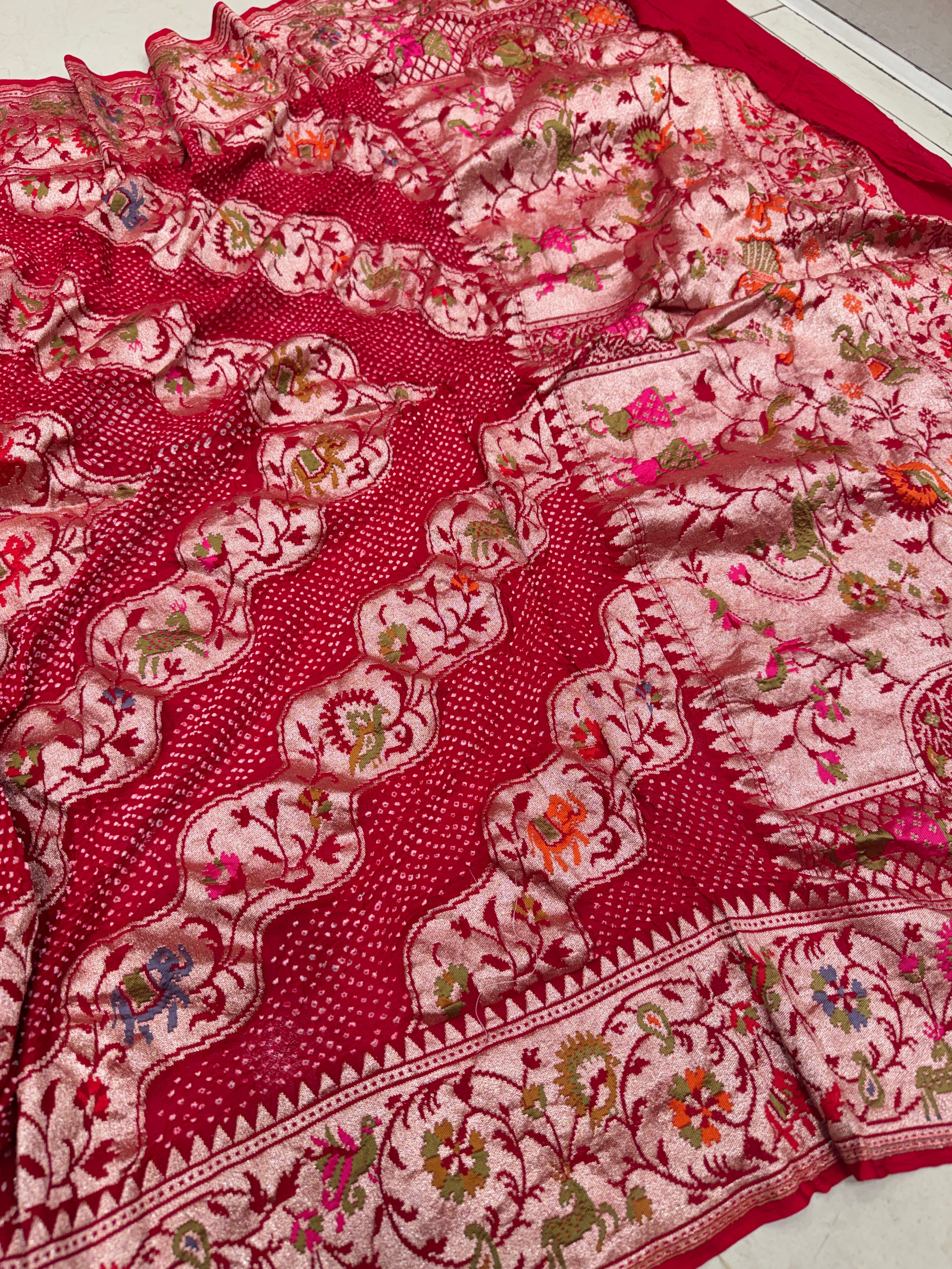 Red Leheriya Style Handloom Meenakari Rai Bandhej Pure Zari Dupatta