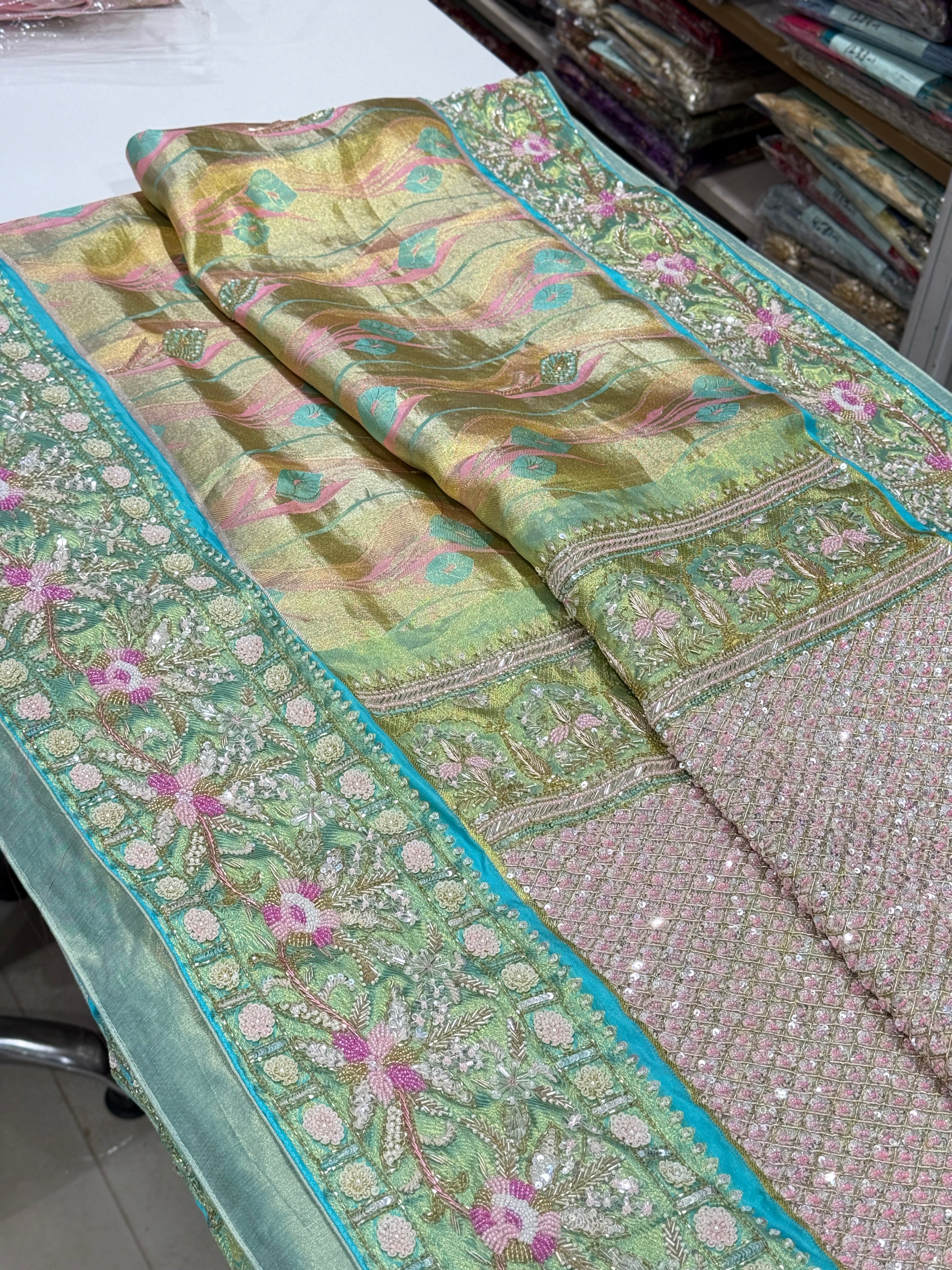 Green Meenakari Tissue Kanjivaram Hand Embroidery Saree