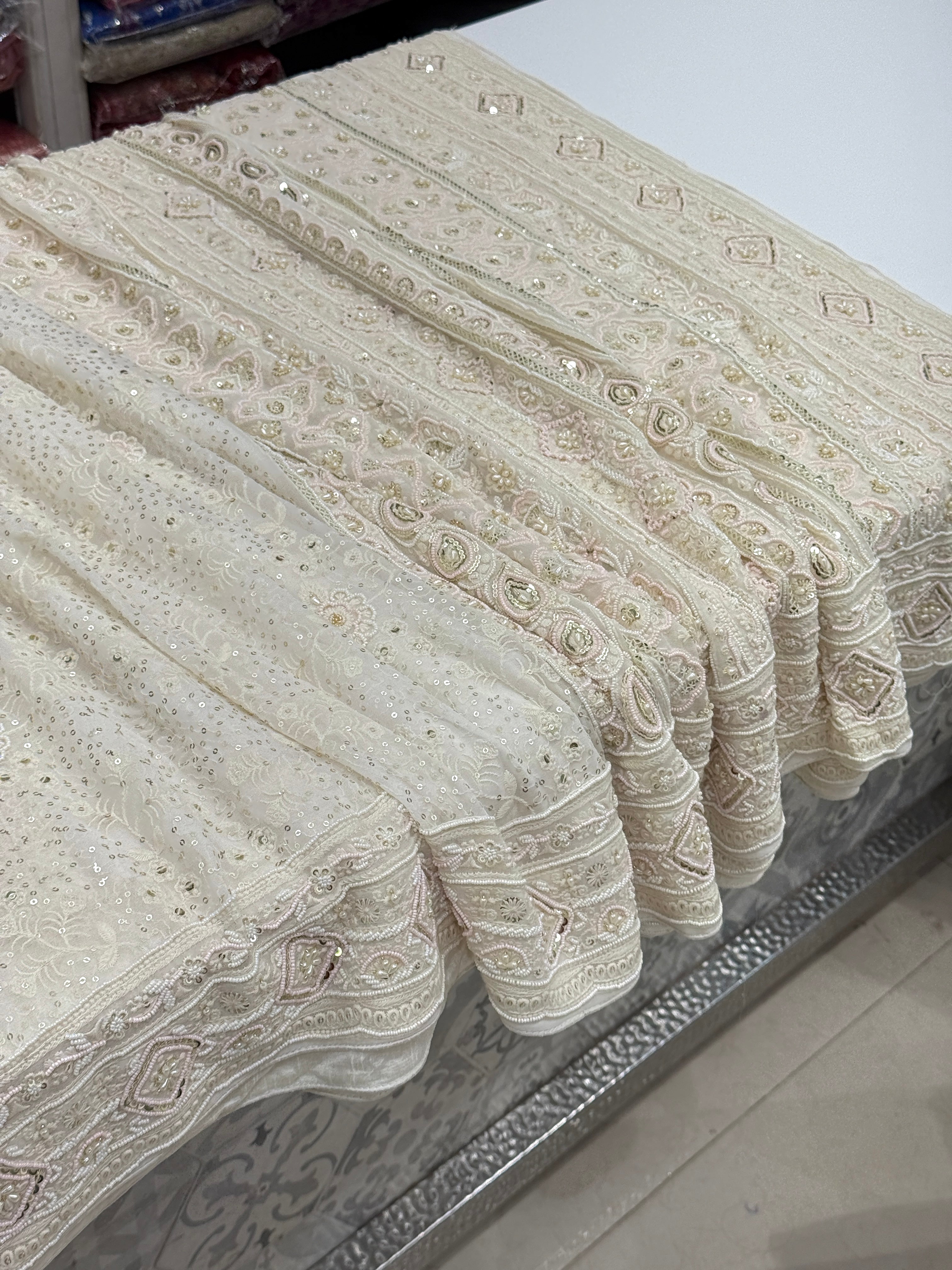 Off White Chikankari Moti Sequin Hand Embroidery Saree