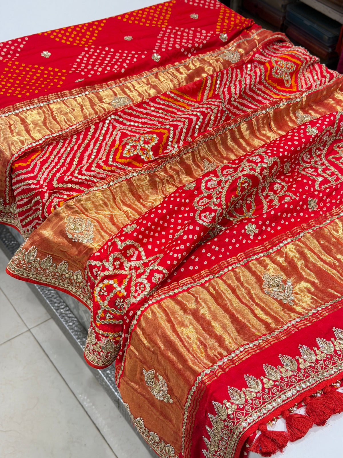 Red Jaal Faabiiana Inspired Gajji Silk Rai Bandhej Gotapatti Marodi Hand Embroidery Saree