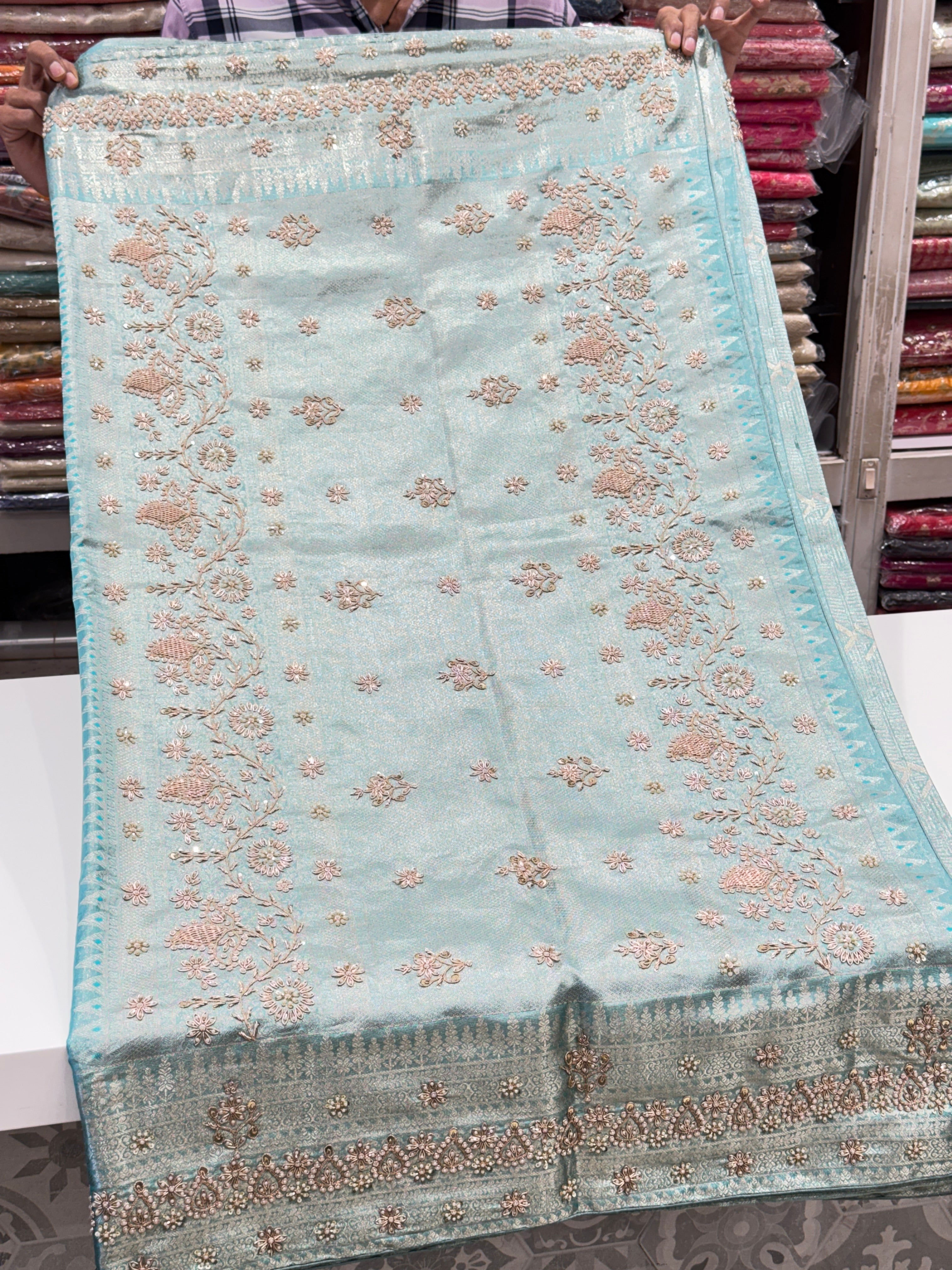 Sea Green Kanjivaram Zardosi Hand Embroidery Saree