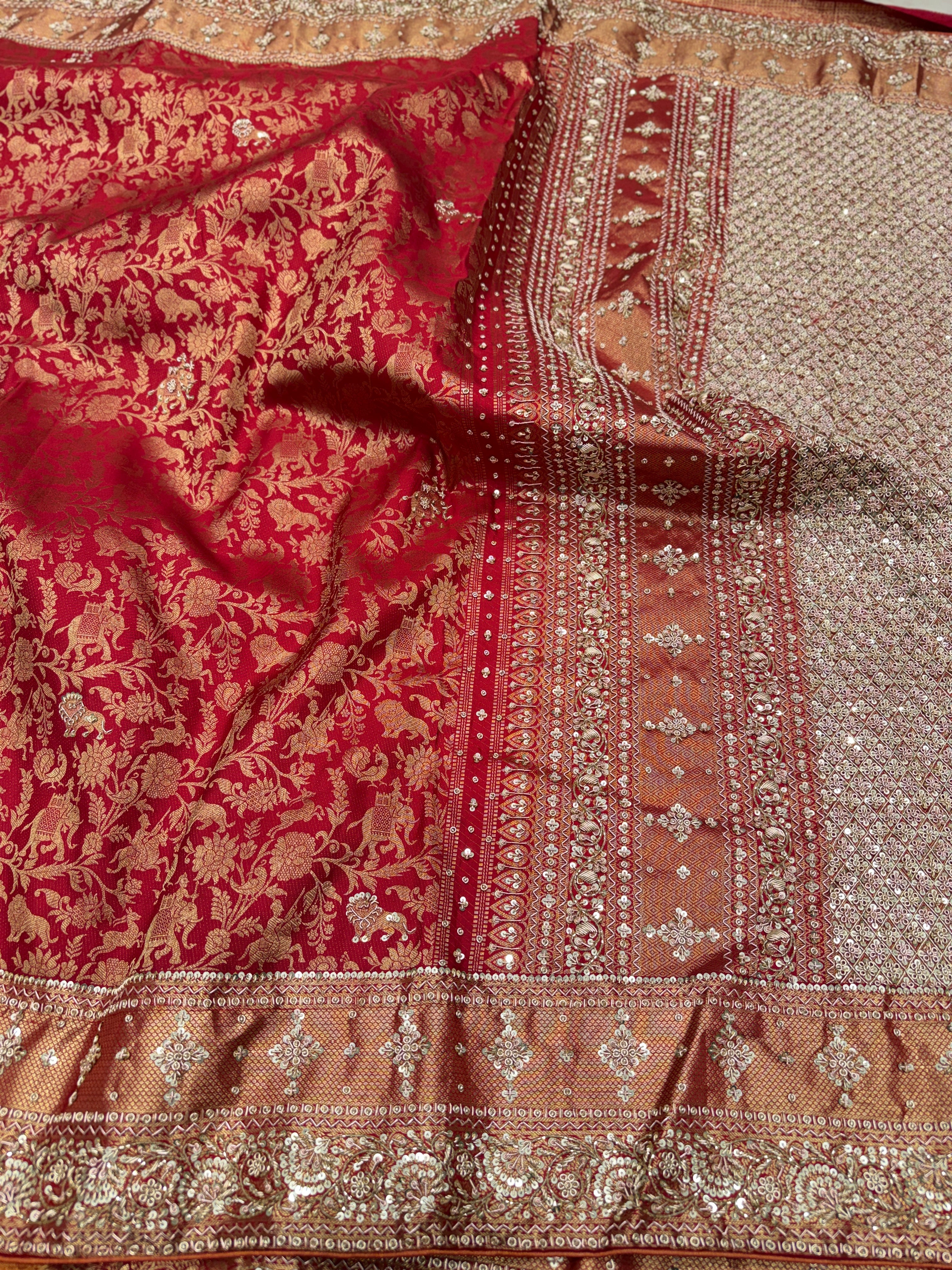 Maroonish Red Shikara Kanjivaram Hand Embroidery Zardosi Saree