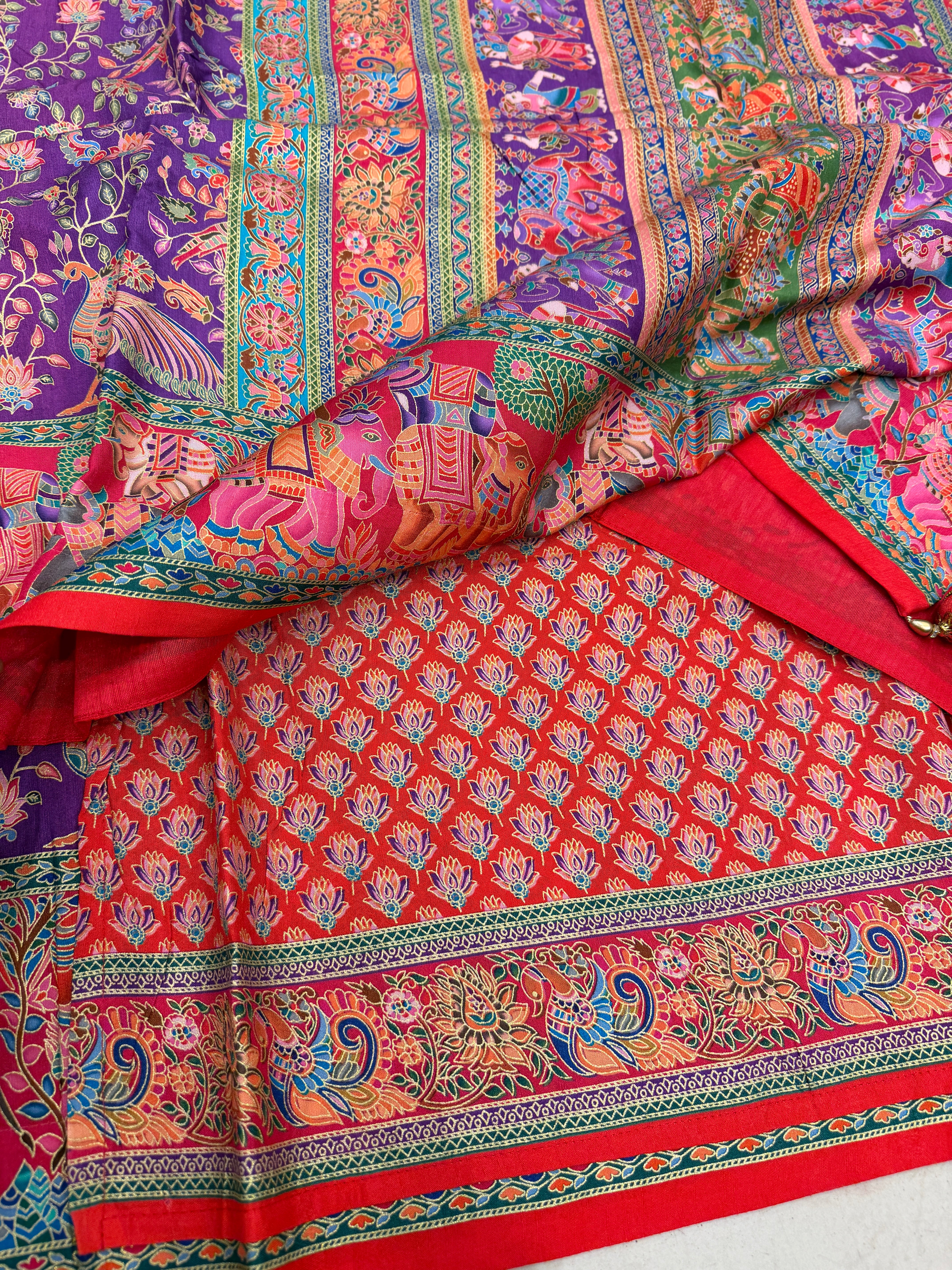 Violet Red Skirt Printed Pashmina Style Multi Colour Saree
