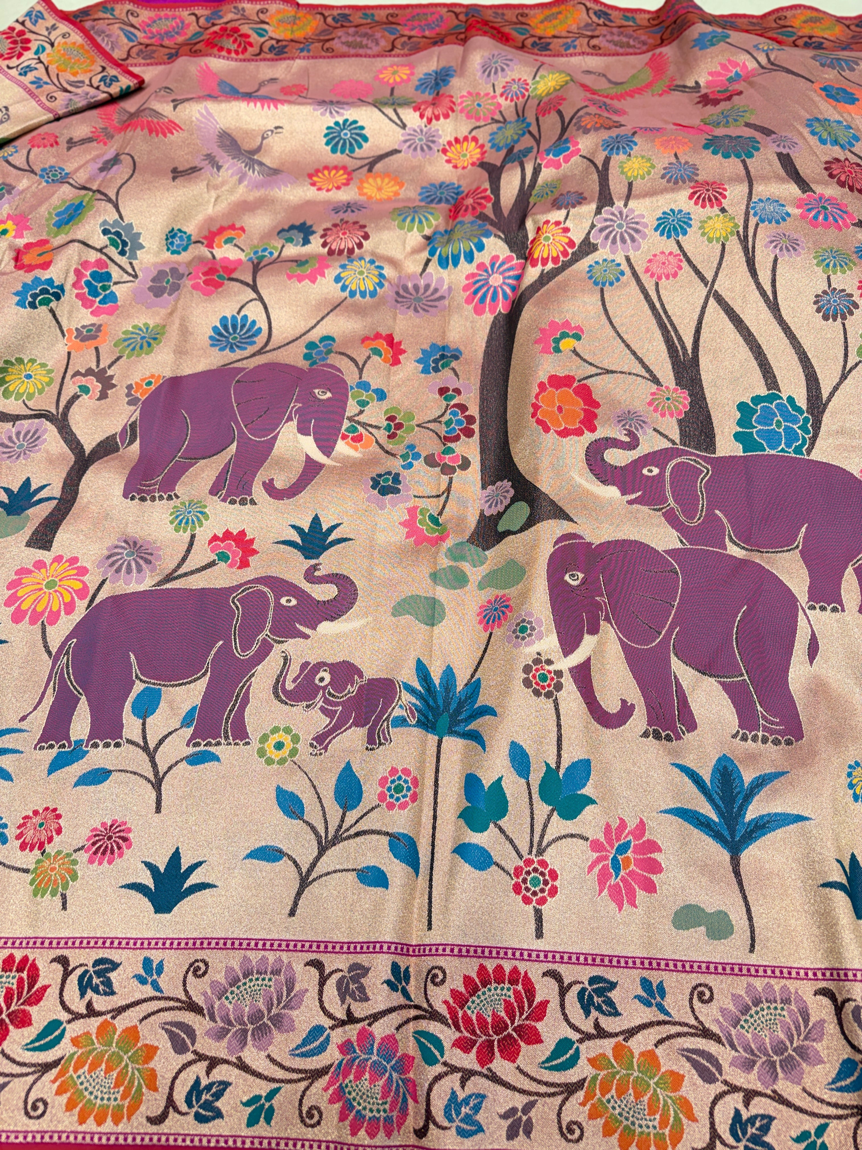 Golden Red Tissue Silk Paithani Meenakari Jaal Elephant Motif Saree