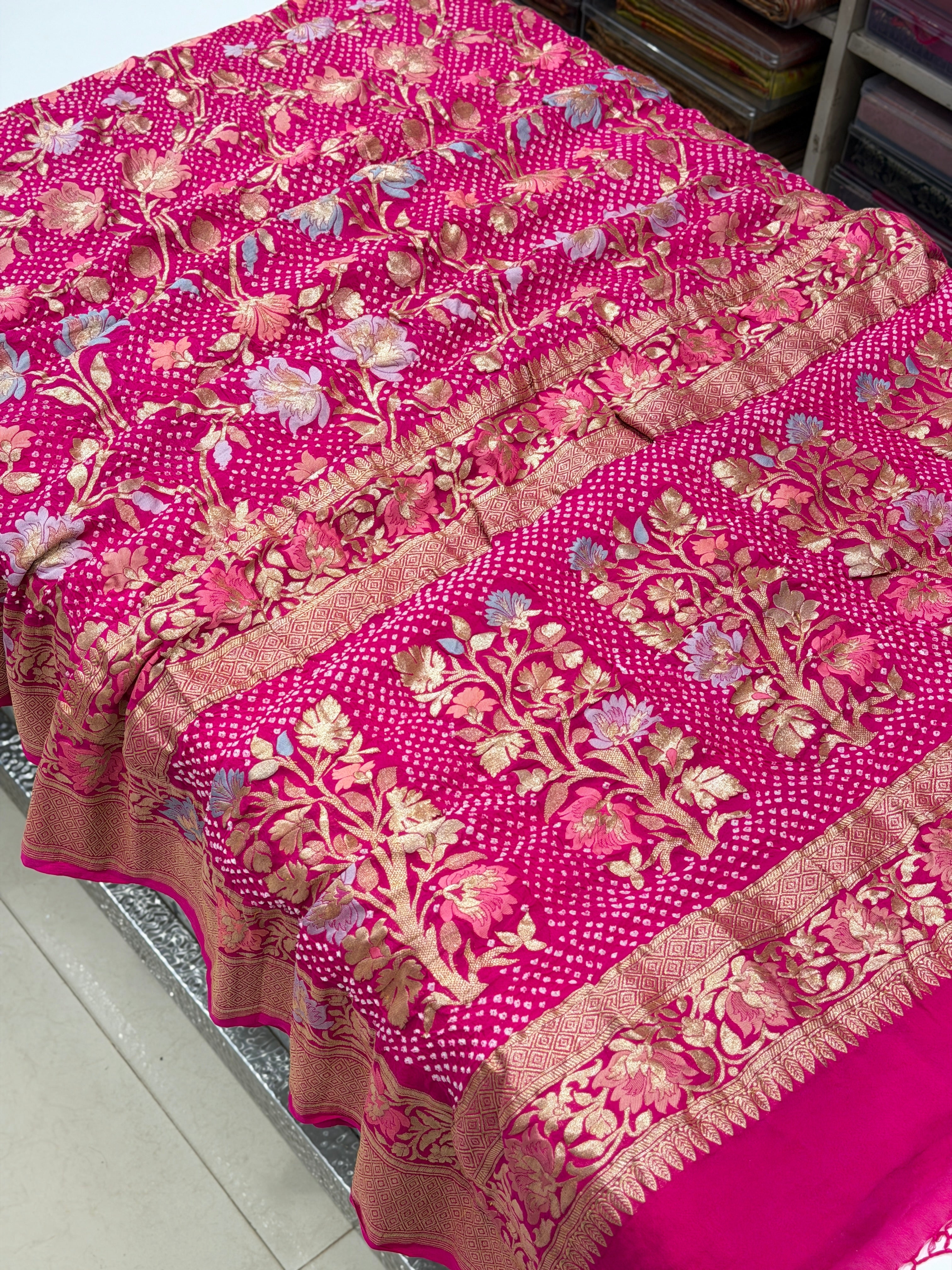 Rani Pink Jaal Meenakari Handloom Banarasi Georgette Rai Bandhej Saree