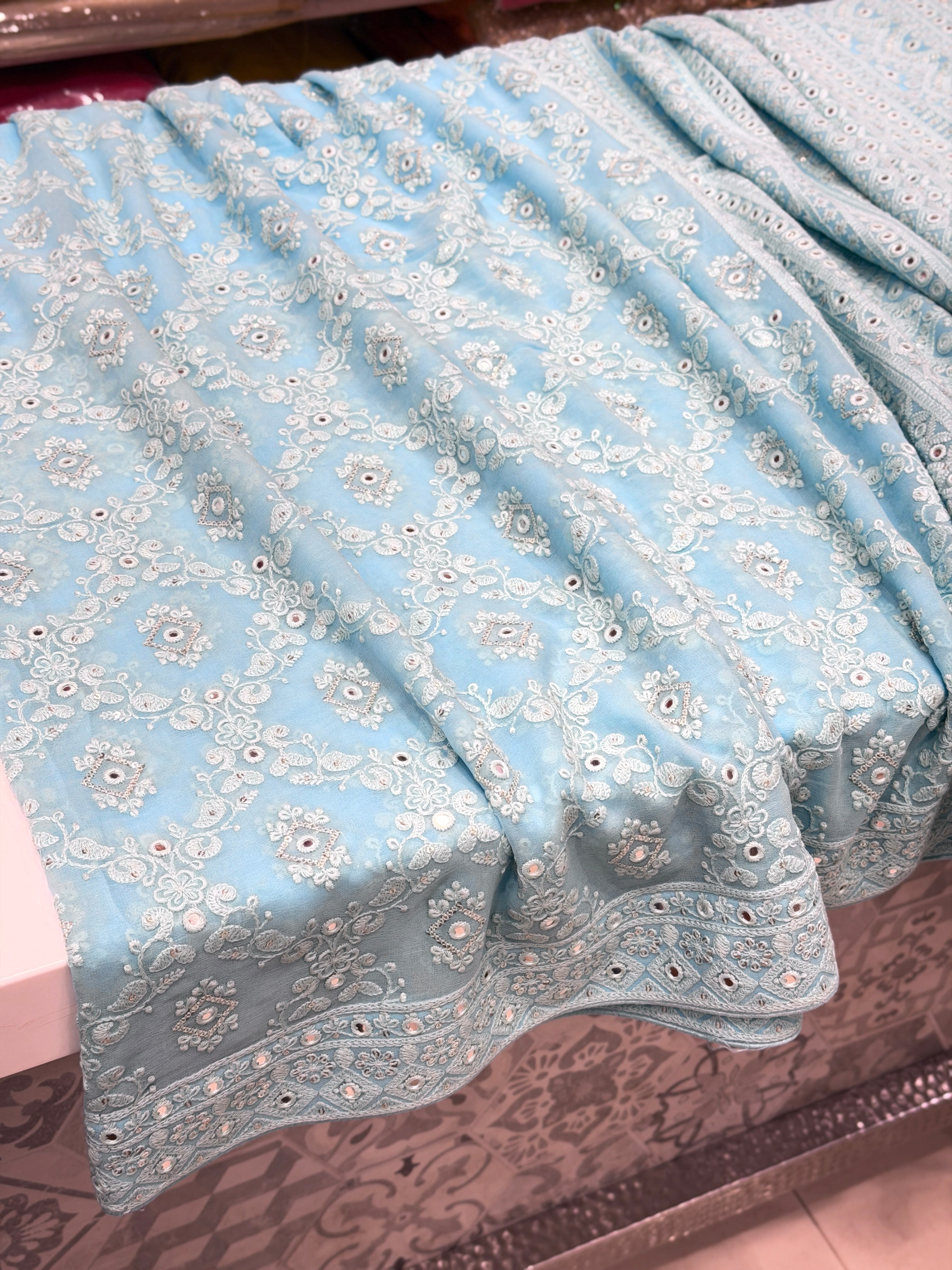 Light Blue Chikankari Jaal Georgette Resham Embroidery Saree