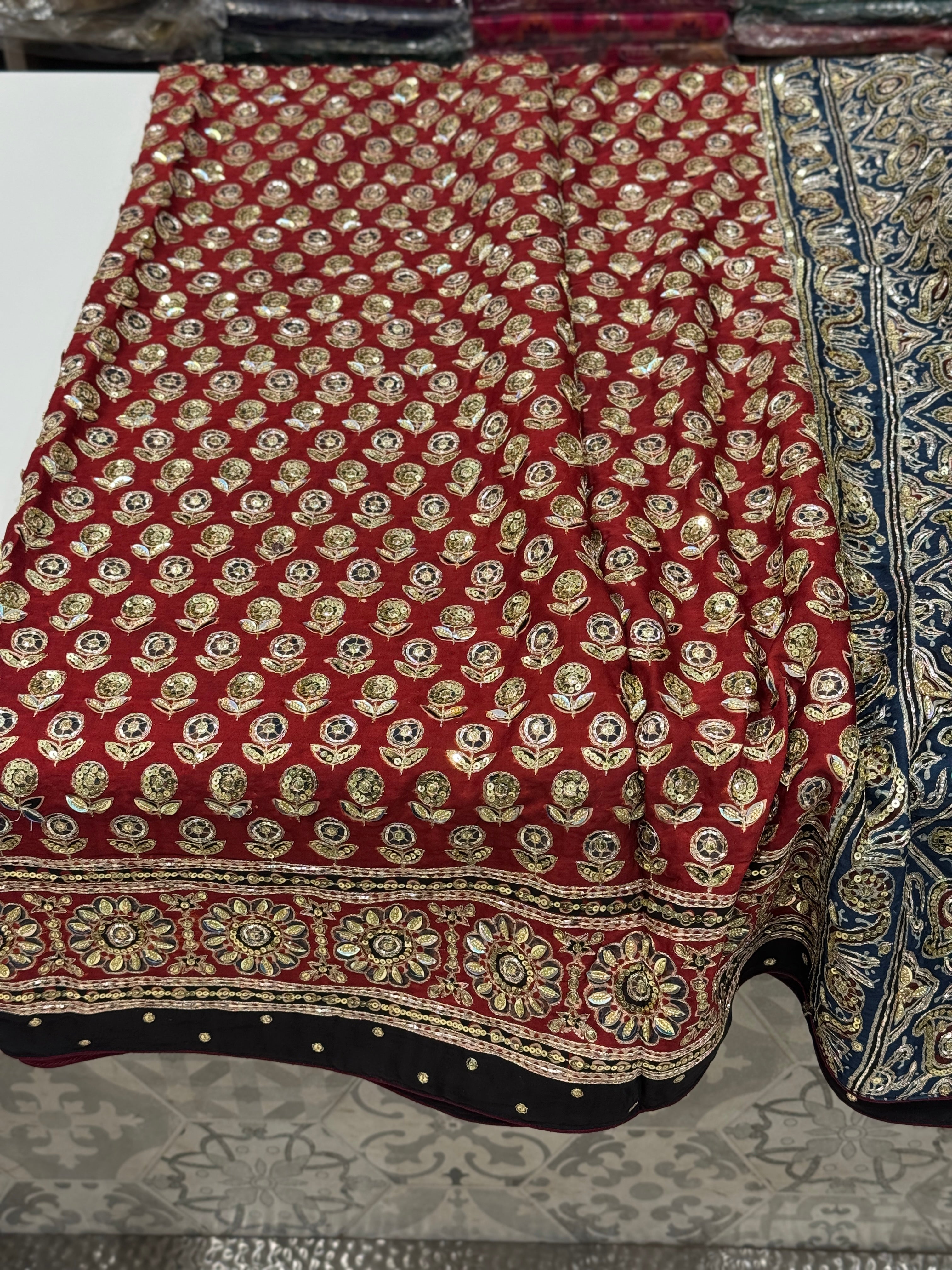Red Buttis Pita Zardosi Sequin Ajrakh Hand Embroidery Saree