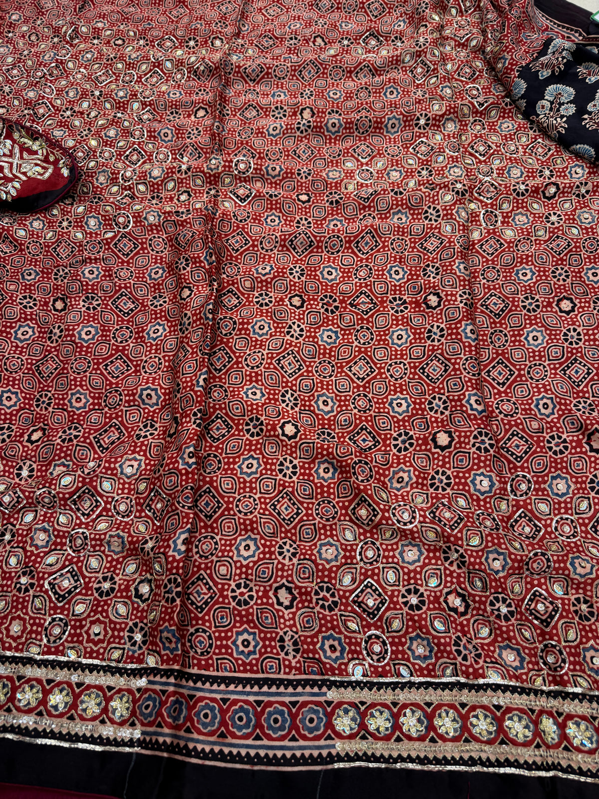 Black 3 Floral Butta Pita Zardosi Sequin Ajrakh Hand Embroidery Saree