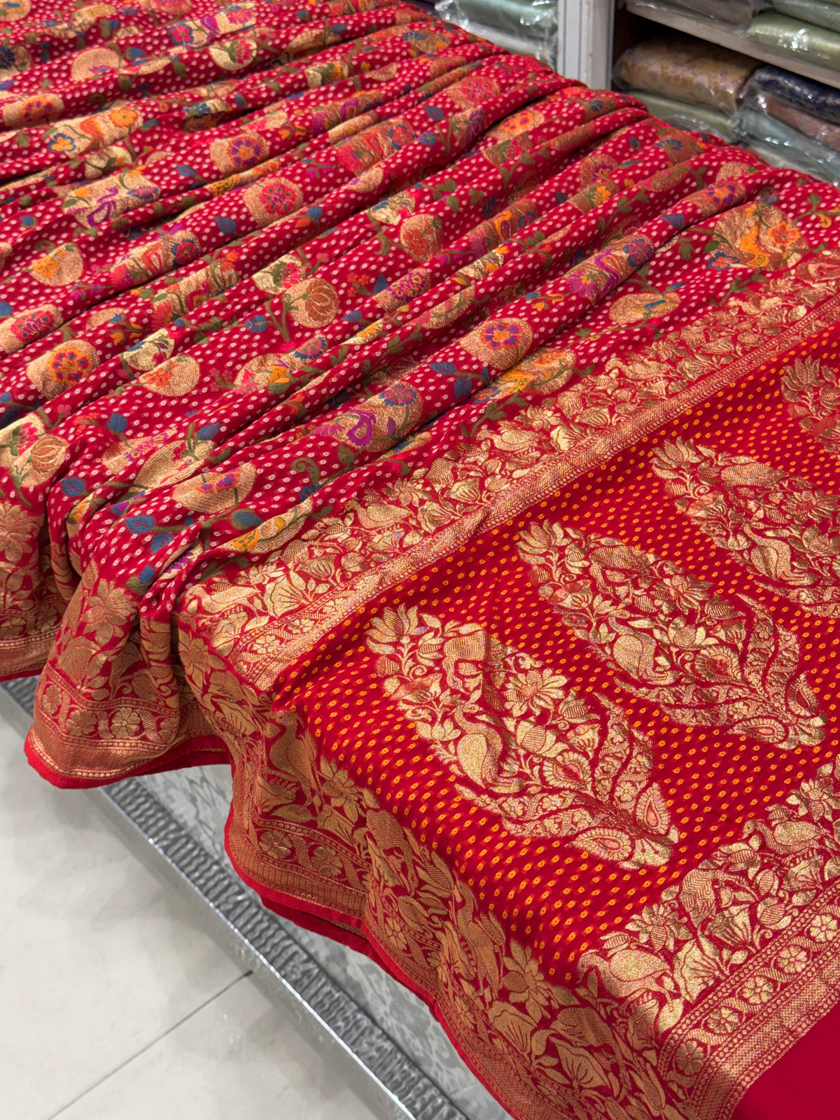 Red Chandra Mor Meenakari Woven Bandhej Saree