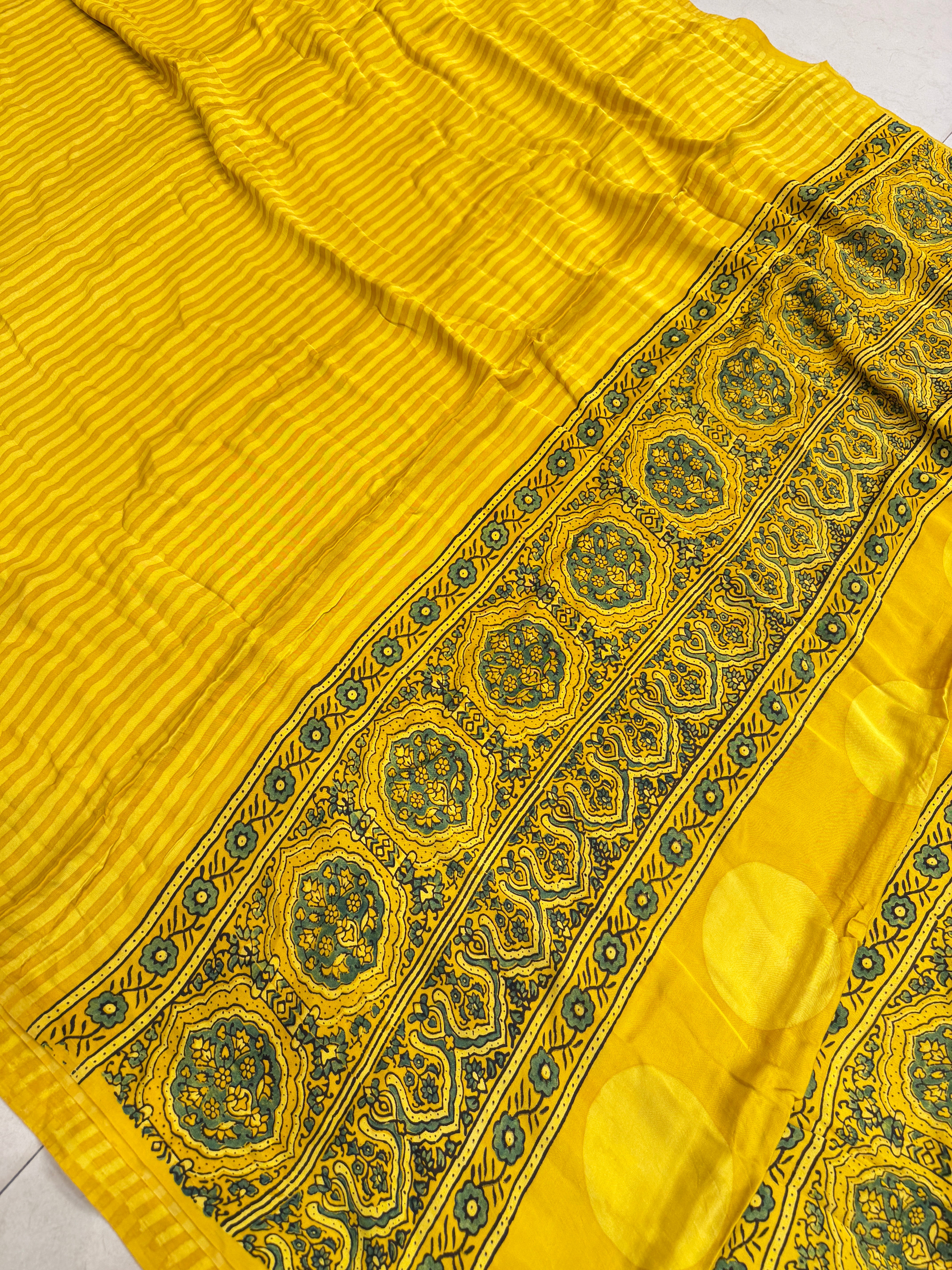 Yellow Contemporary Ajrakh Hand Block Print Pure Gajji Silk Saree
