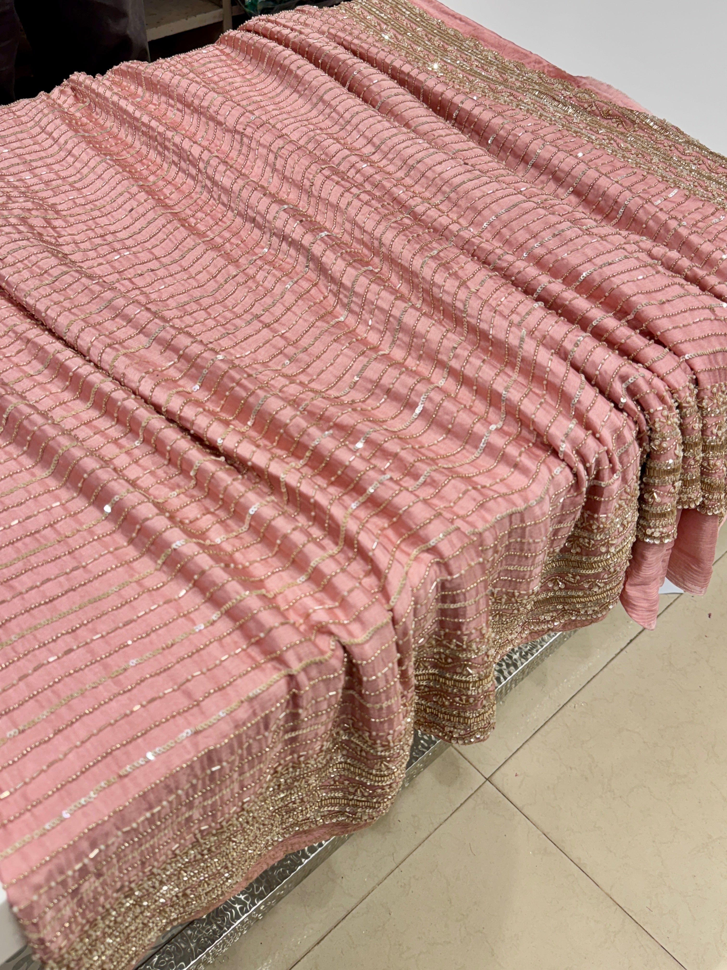 Light Pink Satin Moti Hand Embroidery Saree