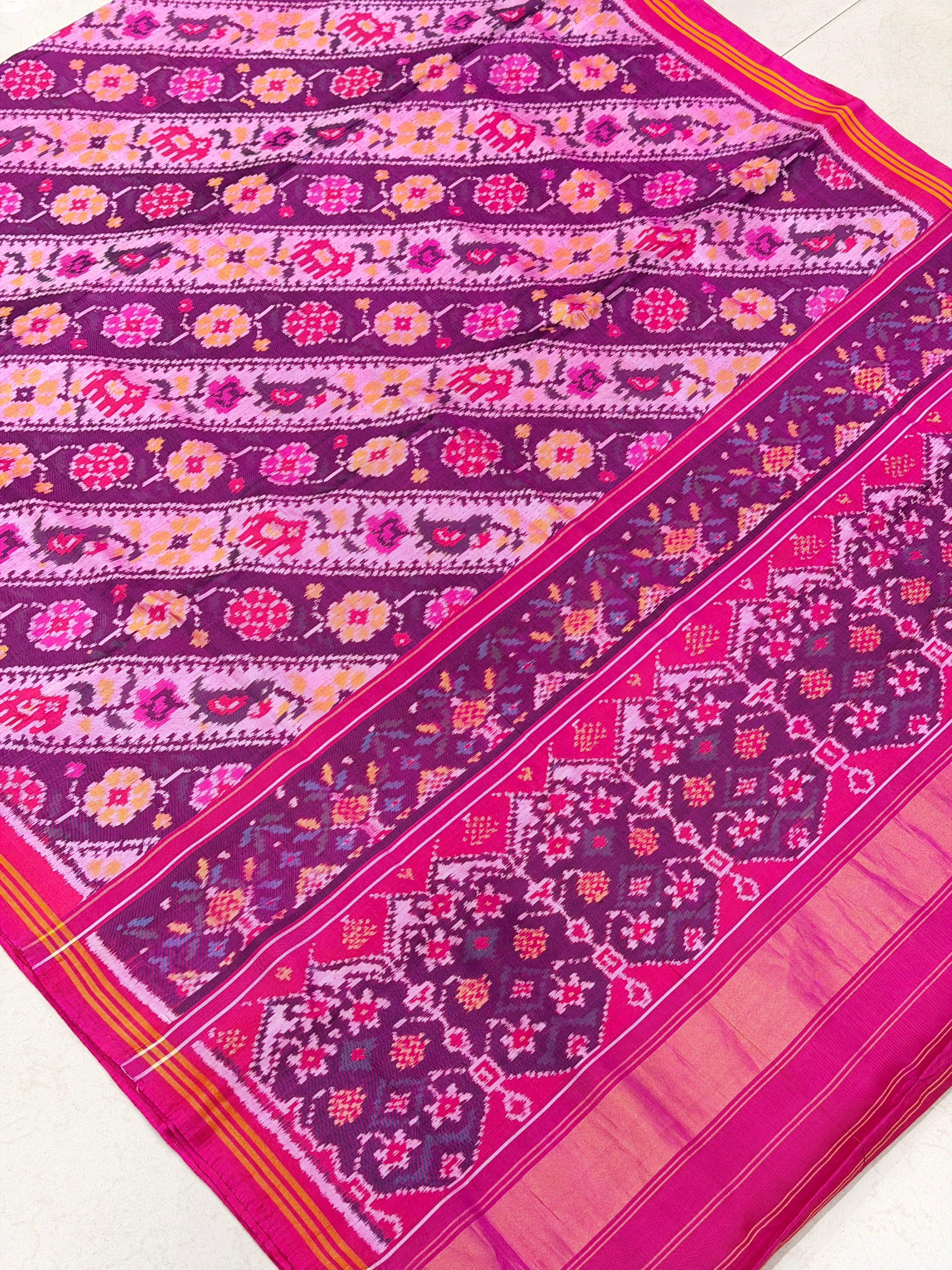 Contemporary Floral Elephant Handloom Rajot Ikat Patola Silk Saree