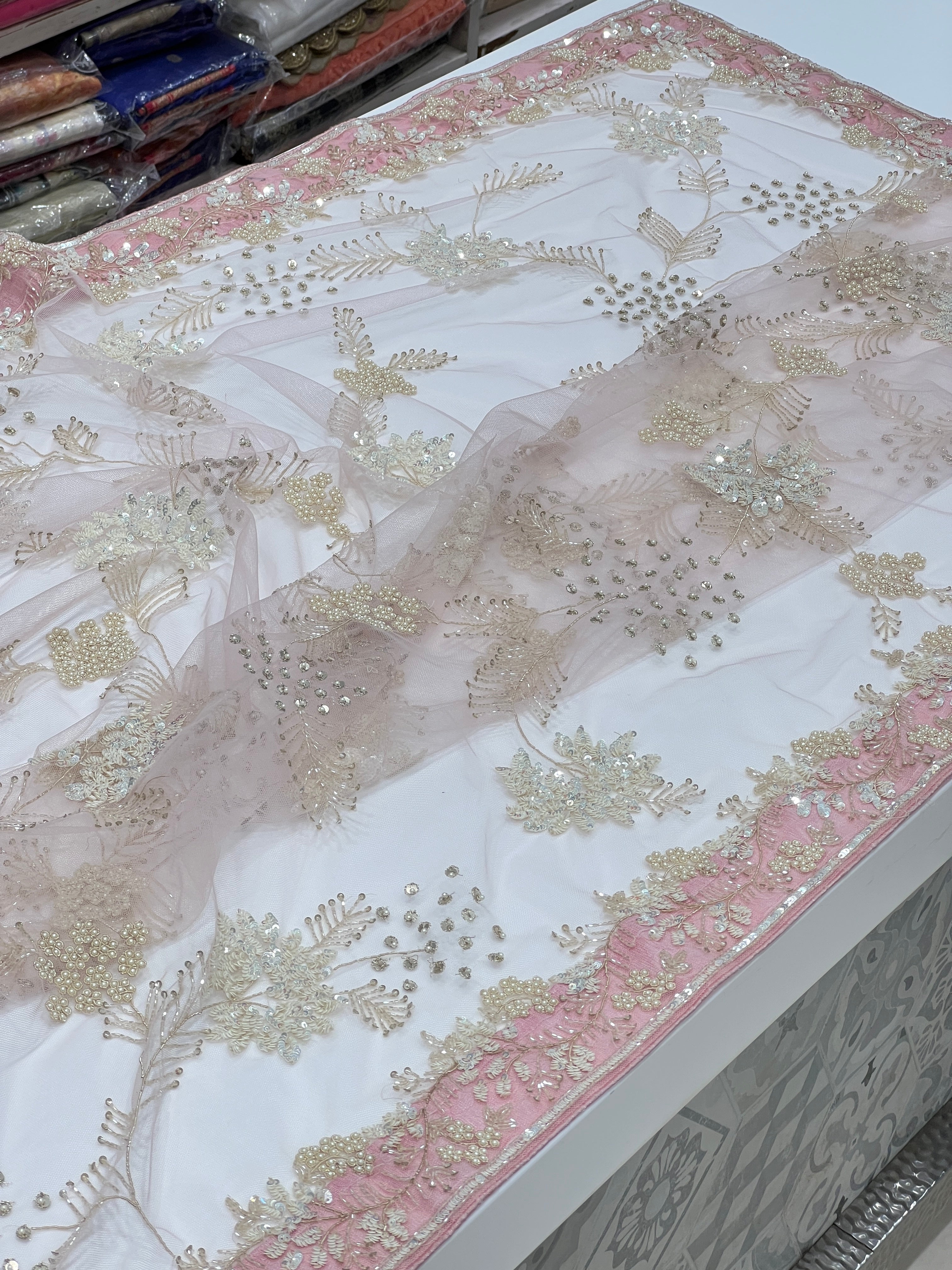 Pink Soft Net Floral Jaal Hand Embroidery Saree